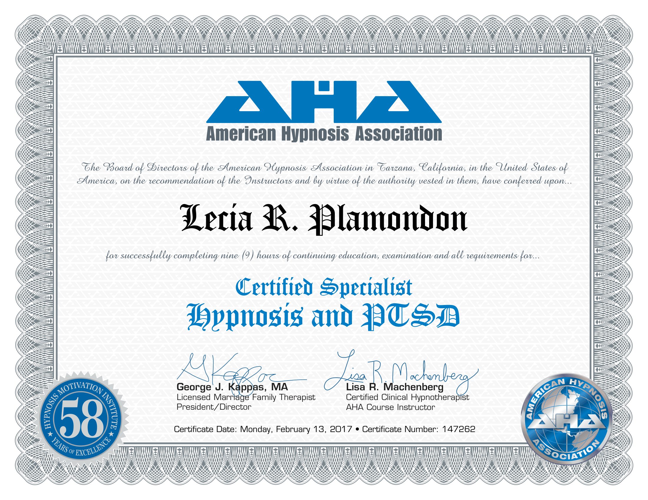 Certificate from the American Hypnosis Association awarded to Lecia R. Mchenberg, Certified Clinical Hypnotherapist, recognizing her as a Certified Specialist in Hypnosis and PCT, dated February 13, 2017.