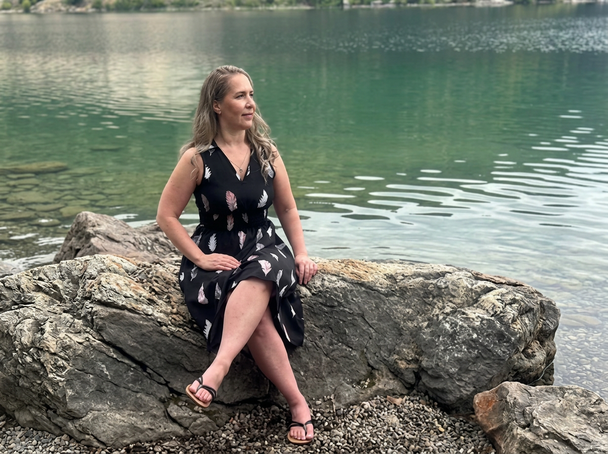 A woman in a black dress with feathers sitting on a large rock by a calm lake.