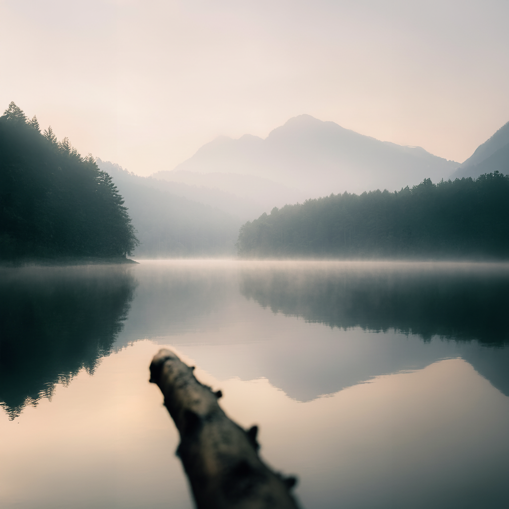 A misty lake surrounded by mountains and trees with a log in the foreground.