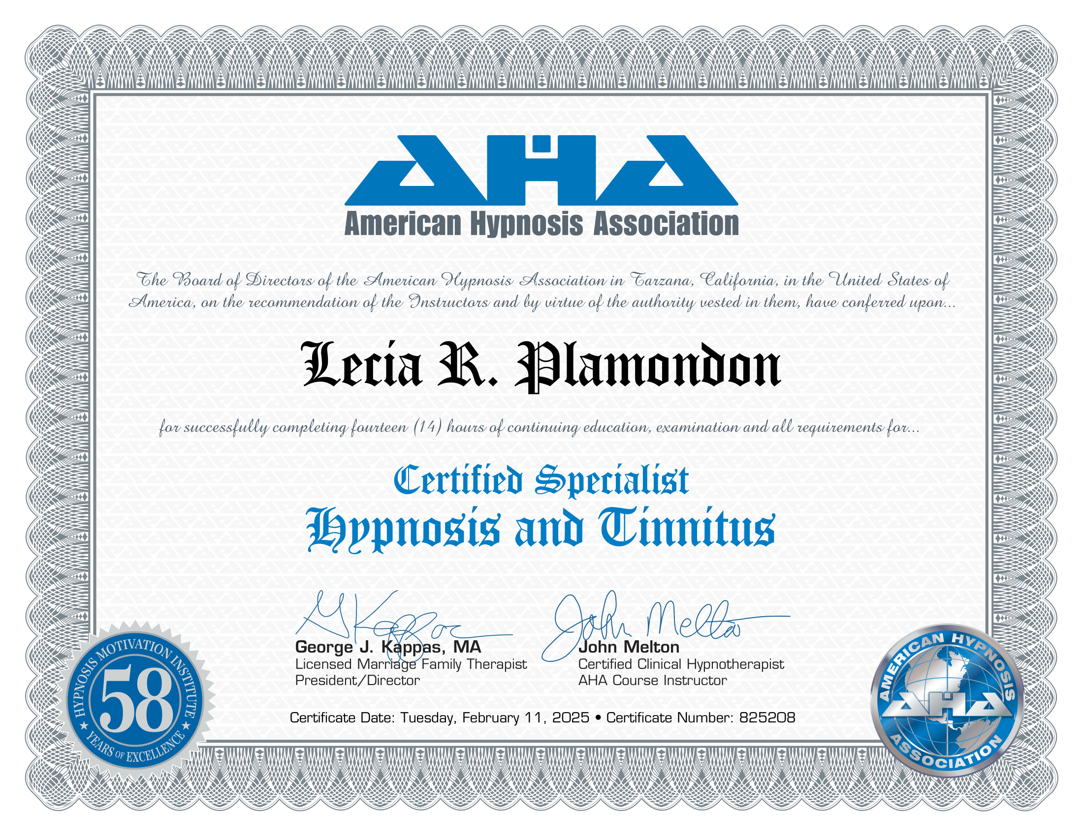Diploma certificate from the American Hypnosis Association awarded to Licia R. Plumadon for completing 14 hours of continuing education in Hypnosis and Tinnitus, signed by George J. Kappas and John Melton, dated February 11, 2025.