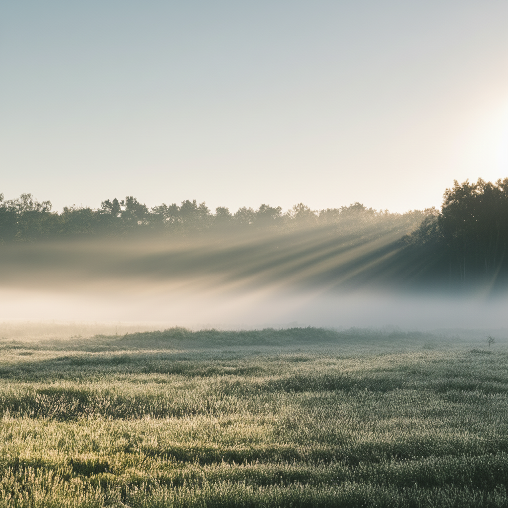 A foggy field with sunlight streaming through trees on the horizon during sunrise.