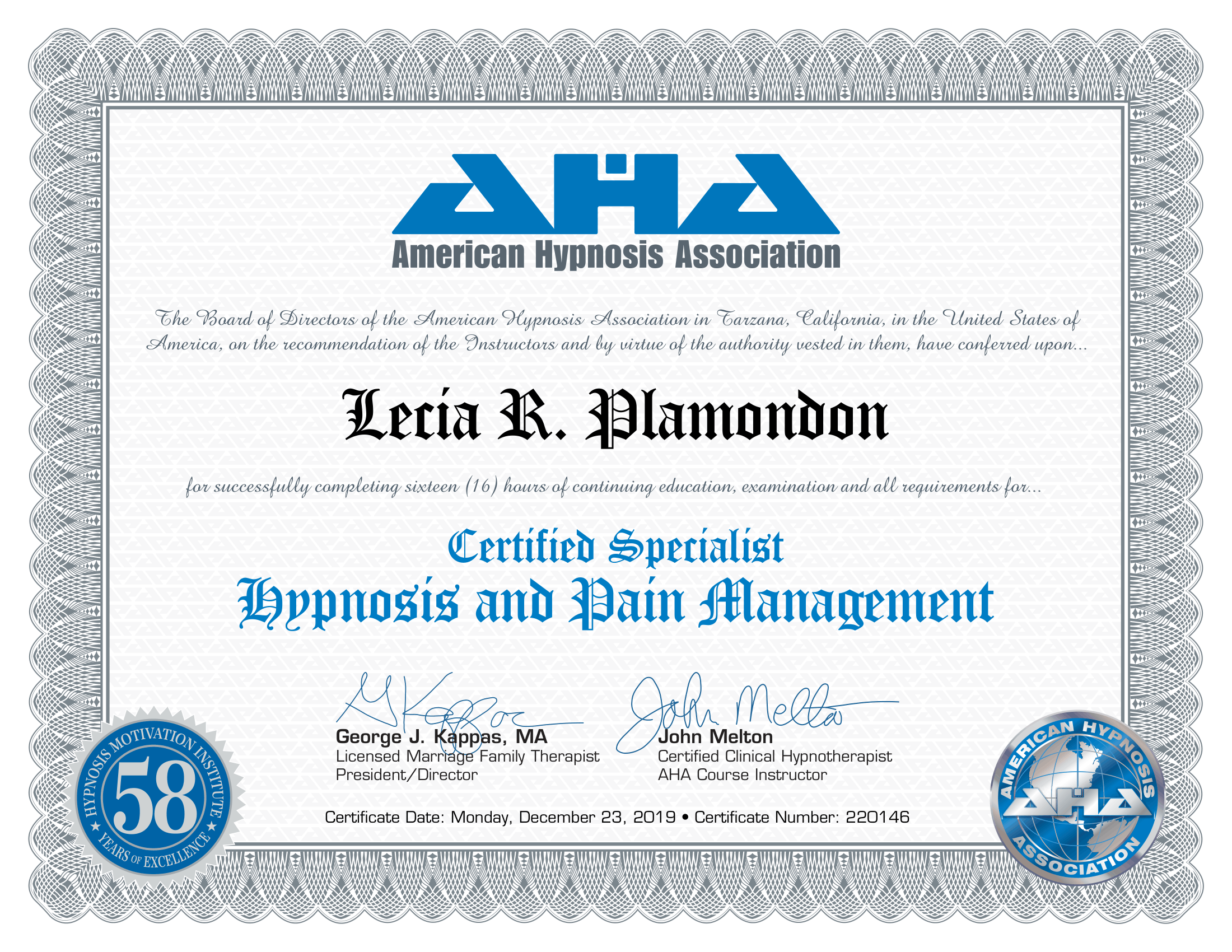 Diploma certificate from the American Hypnosis Association awarded to Licia R. Plandoon for completing 16 hours of hypnotherapy and pain management training, dated December 23, 2019.