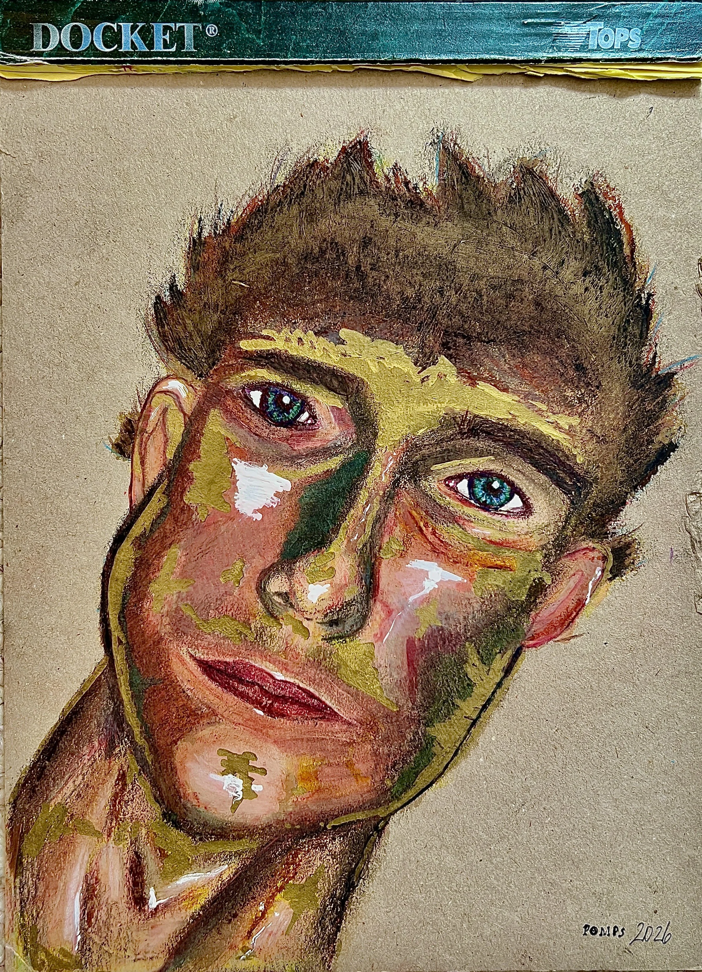 Ryan Pompilo legal pad portrait of a person, painted in expressive, vivid brushstrokes.
