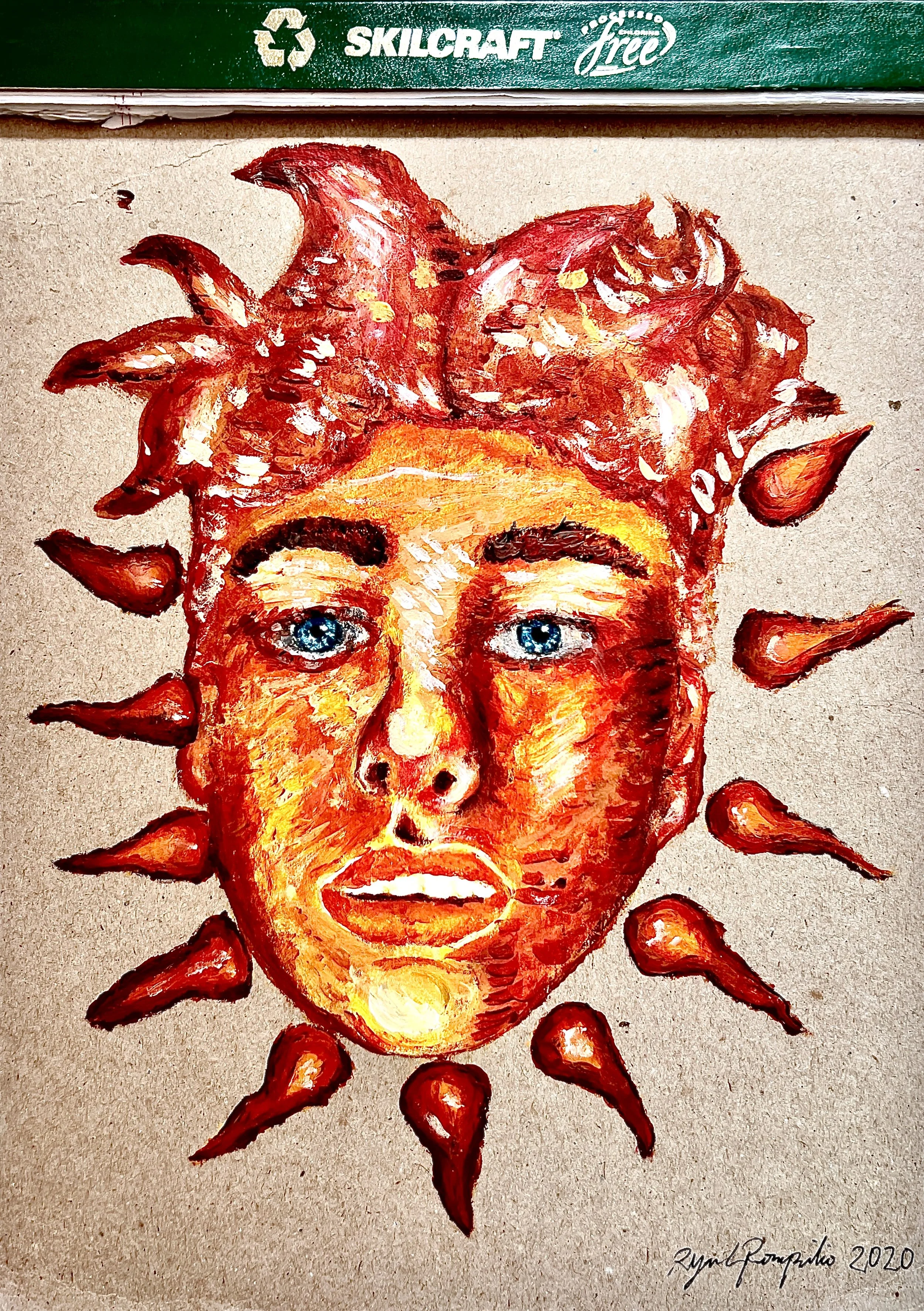 Ryan Pompilio legal pad painting 2020. Red acryllic paint resembles sun.
