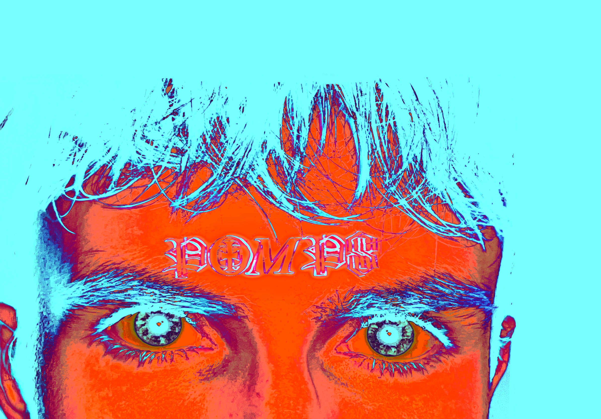 A distorted, colorful image of Ryan Pompilio with the word 'POMPS' in stylized font and an illustration of a face with bright eyes.