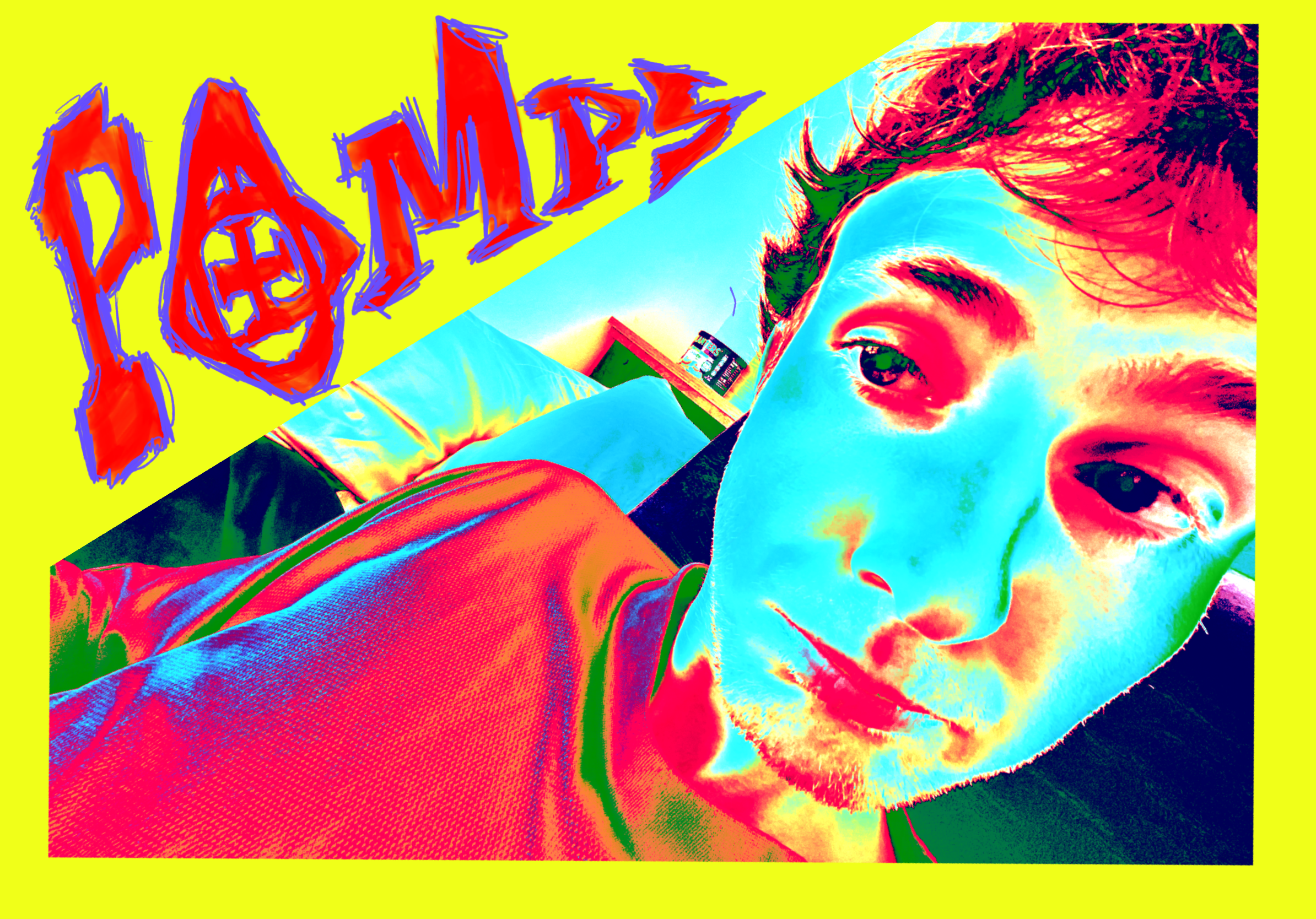 A high-contrast, neon-colored close-up. The background includes cartoonish and vibrant assemblages of objects and lettering.