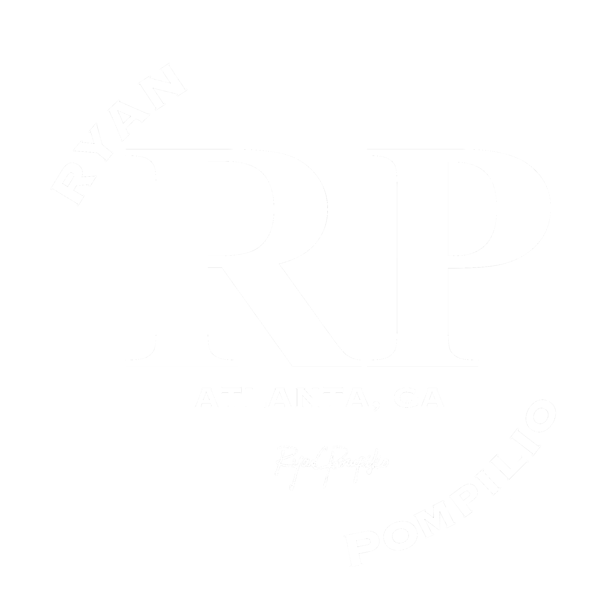 Black and white emblem logo for Ryan Pompilio, with stylized text and signature.