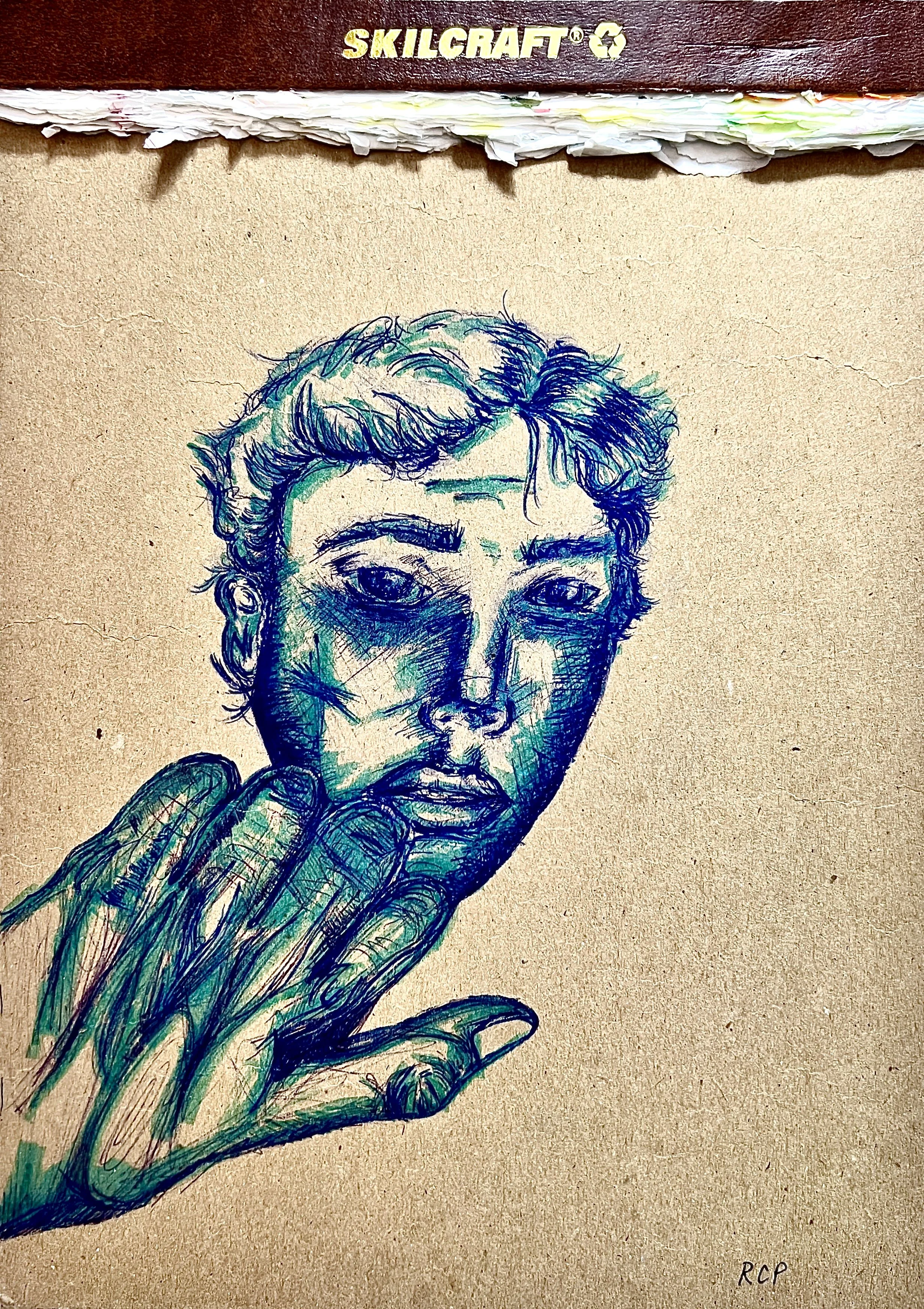 Ryan Pompilio legal pad drawing of person's face with hand near mouth, signed RCP at the bottom right.