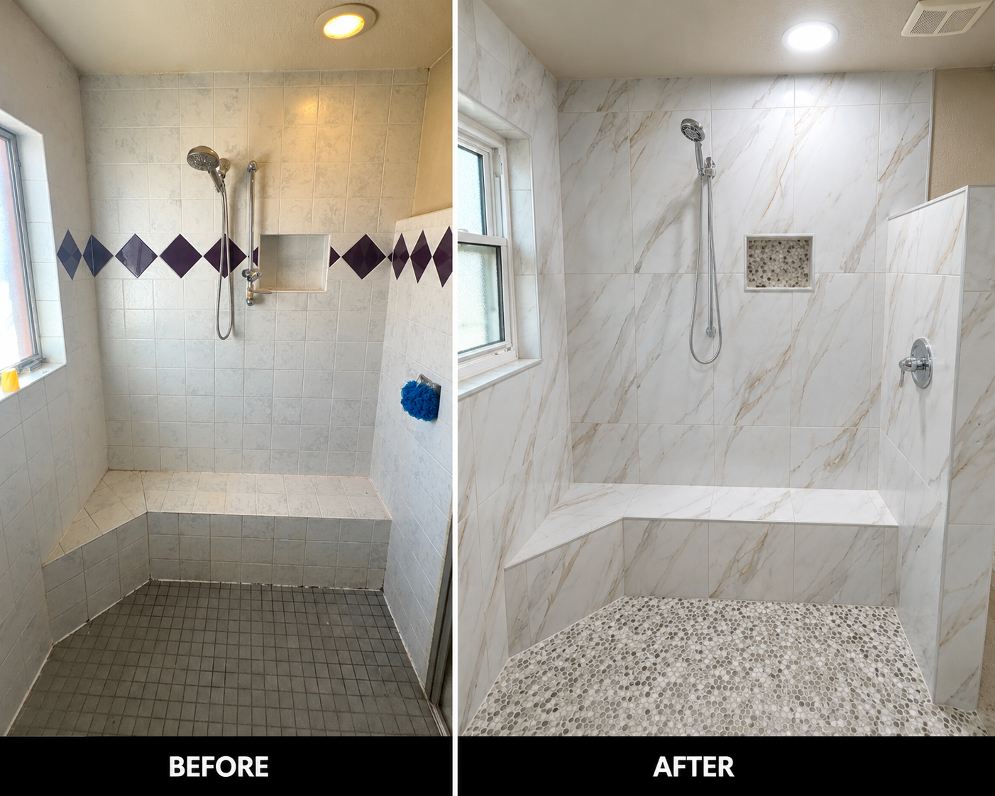Comparison of a bathroom shower before and after renovation. The 'before' shower has outdated tiles, a high wall, a small window, and a purple diamond pattern border. The 'after' shower features modern marble-look tiles, a built-in bench, a new niche