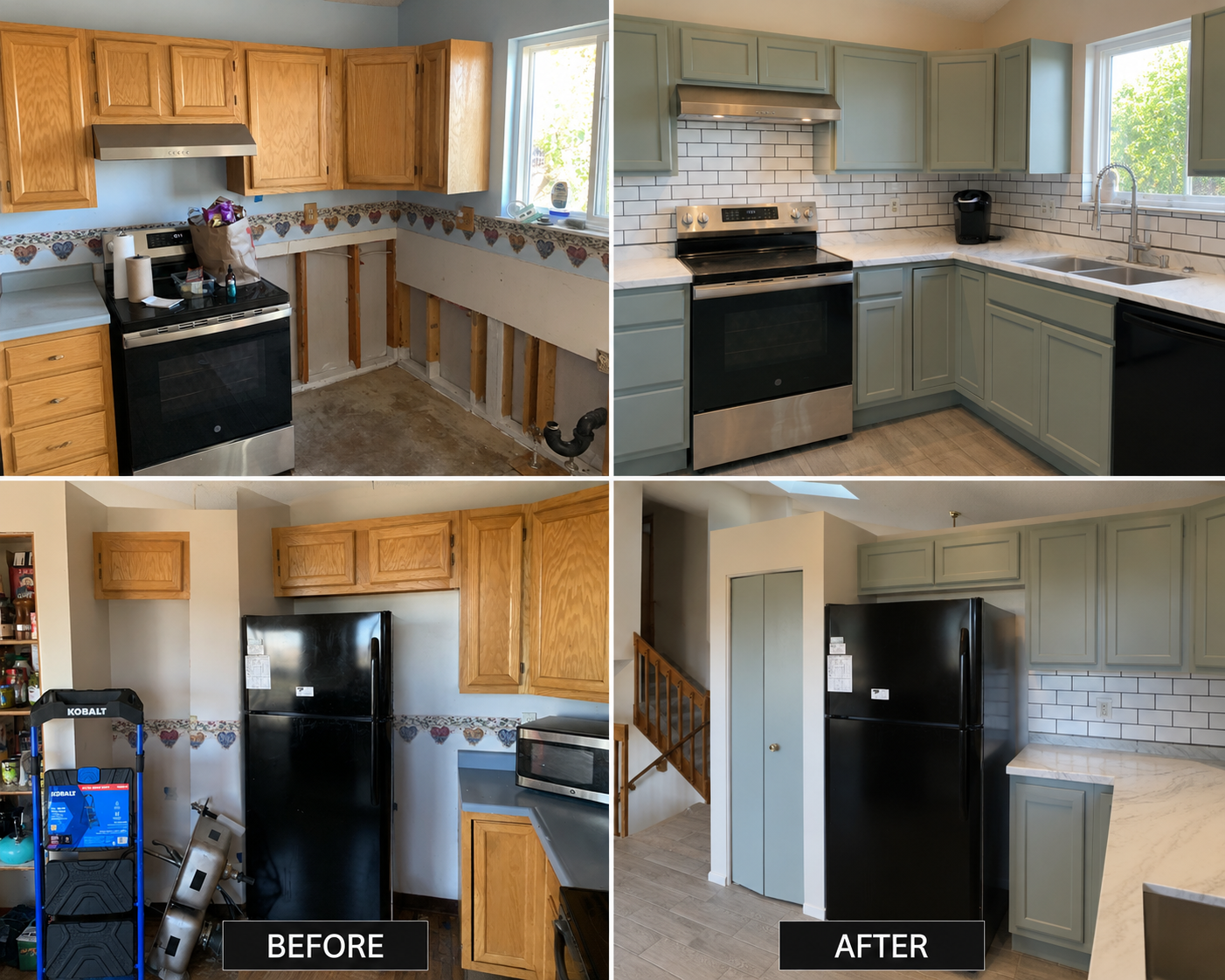 Comparison of a kitchen before and after renovation, showing new cabinetry, appliances, and updated decor.