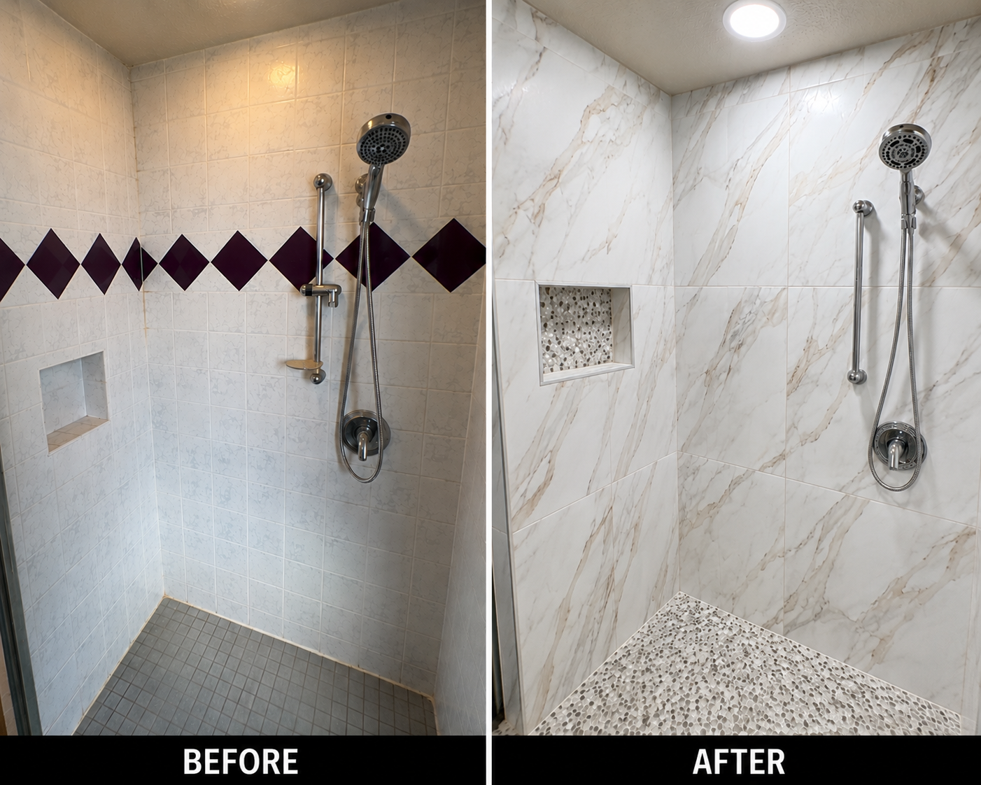 Comparison of a shower before and after renovation, showing tiled walls, a showerhead, and a built-in shelf before and a new marble-look tile wall with pebble floor and a niche after.