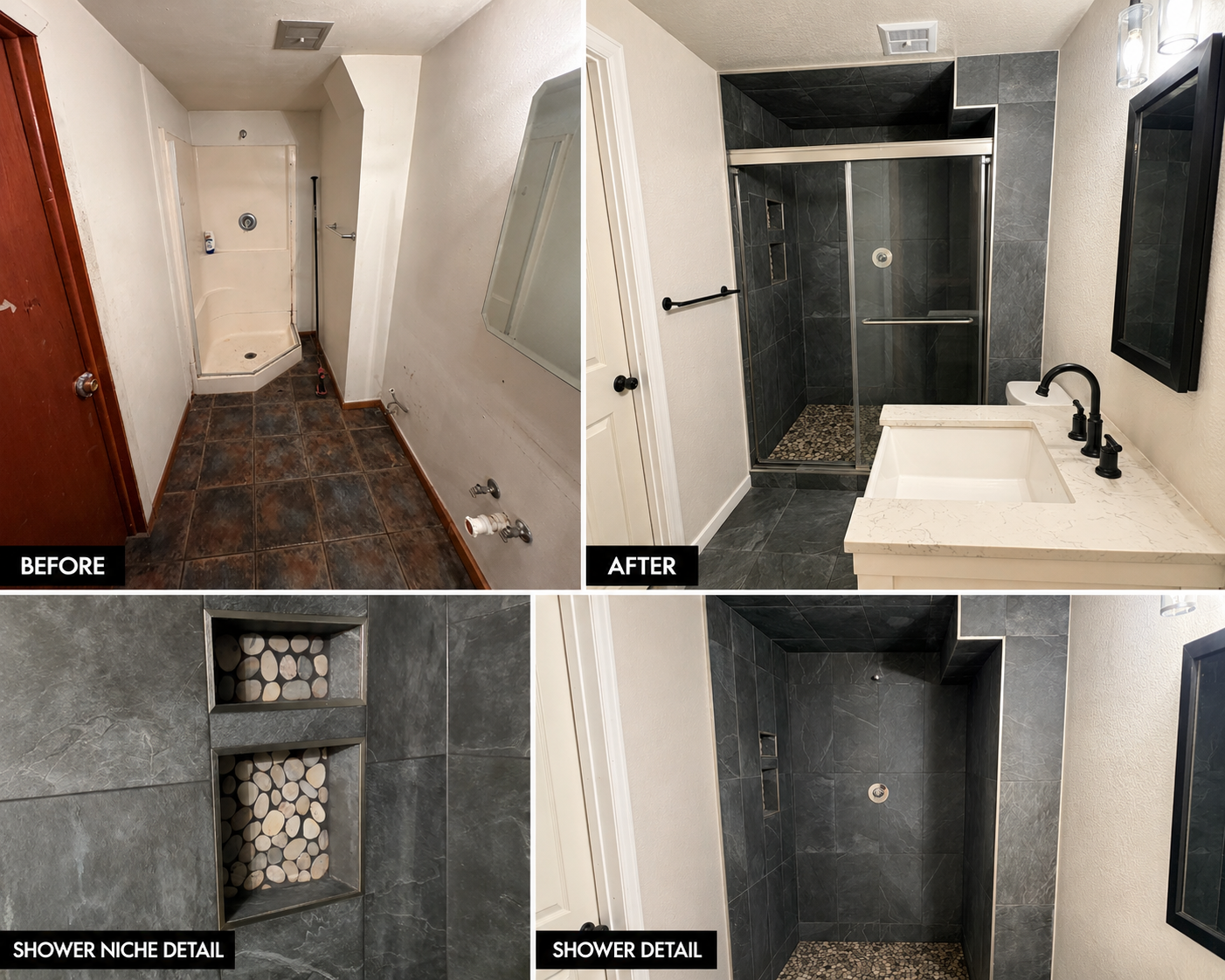 Comparative bathroom renovation showing a before and after of the shower area, including detailed images of shower niches with pebble accents and the shower floor, and a new vanity with a black faucet.