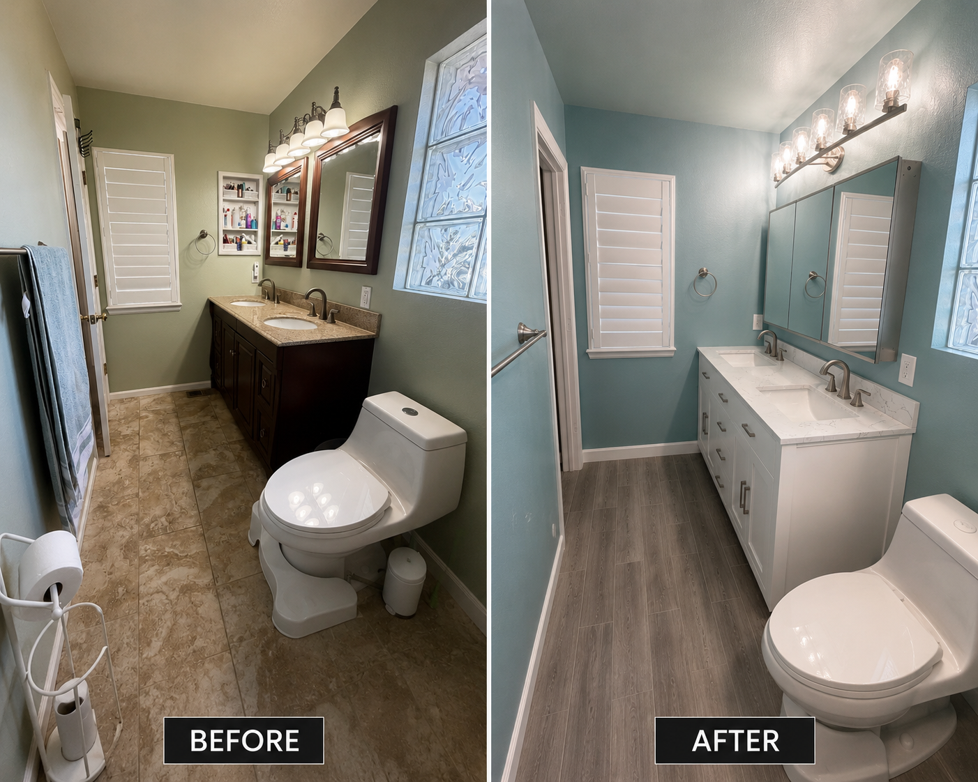 Side-by-side images of a bathroom showing the before and after renovation. The before image features a dark vanity with a granite countertop, a green wall, and beige tile flooring. The after image shows a lighter vanity with a marble countertop, a li