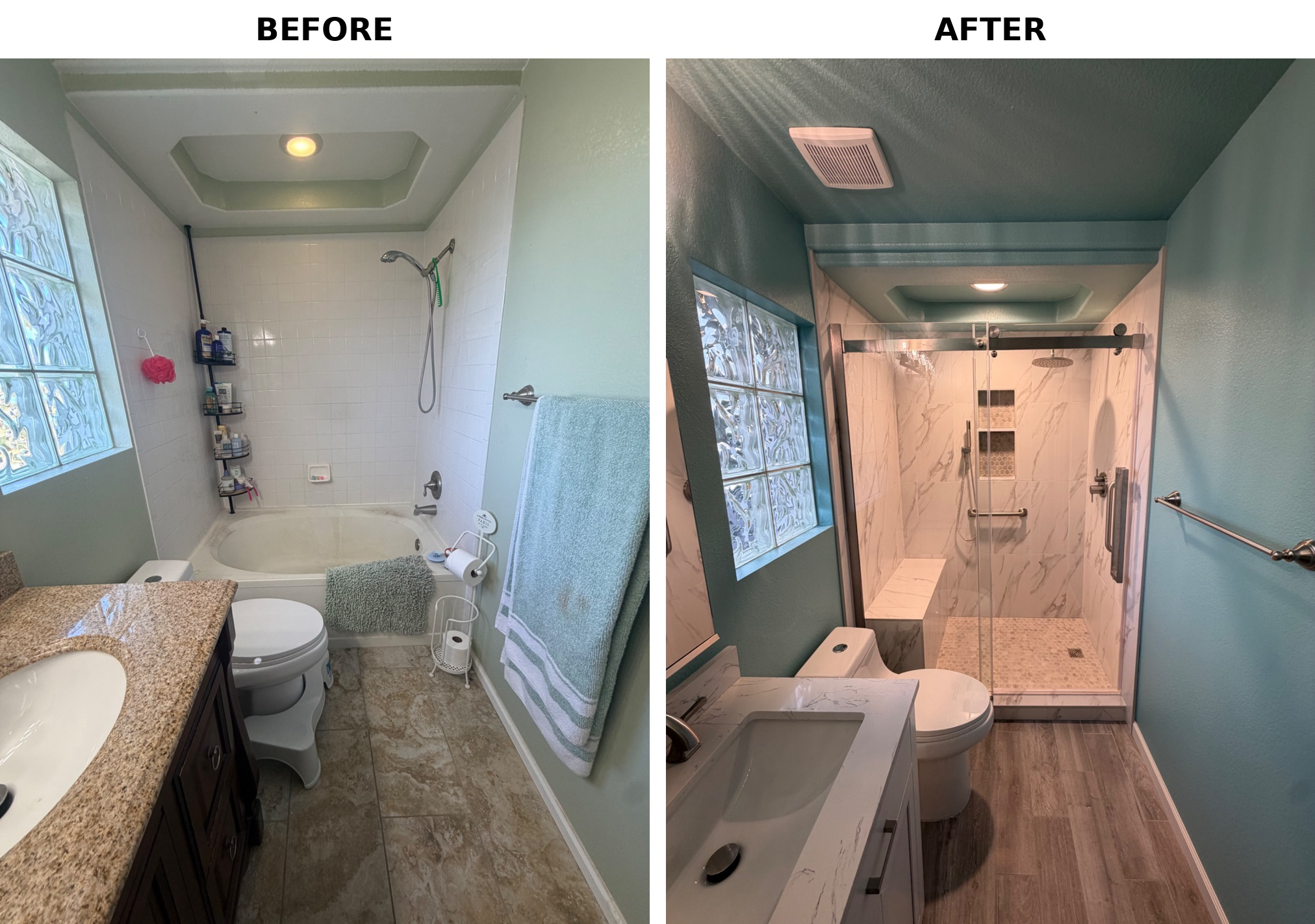 Comparison of a bathroom before and after renovation, showing a shower area with different tiles, fixtures, and overall design.