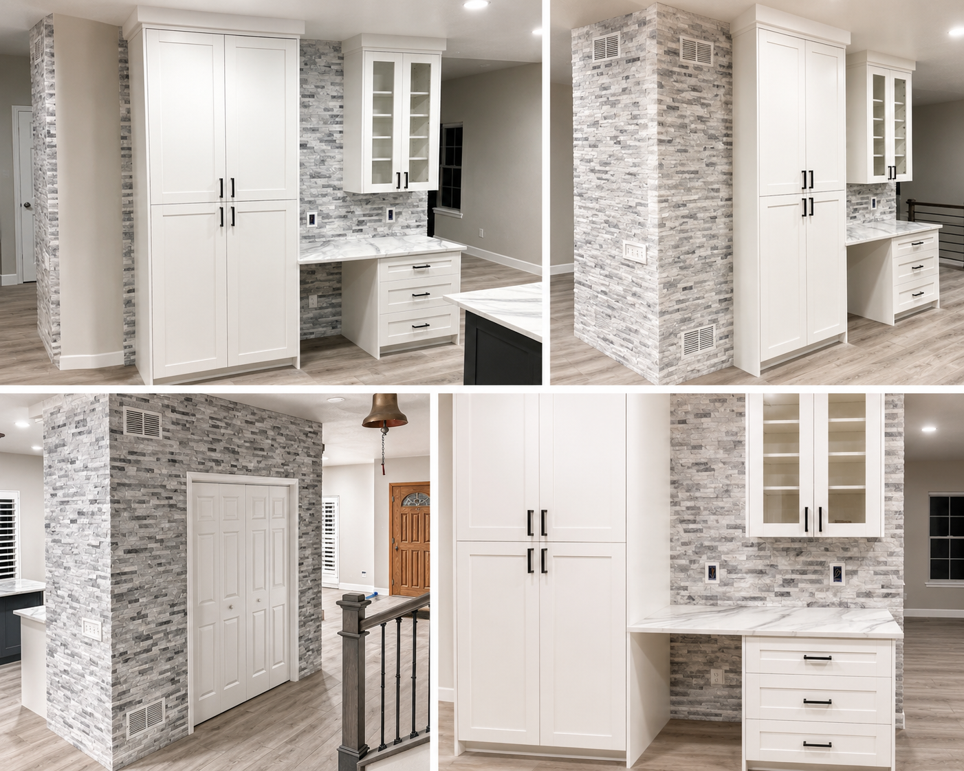 Interior view of a modern kitchen with white cabinets, stone accent walls, and light wood flooring.