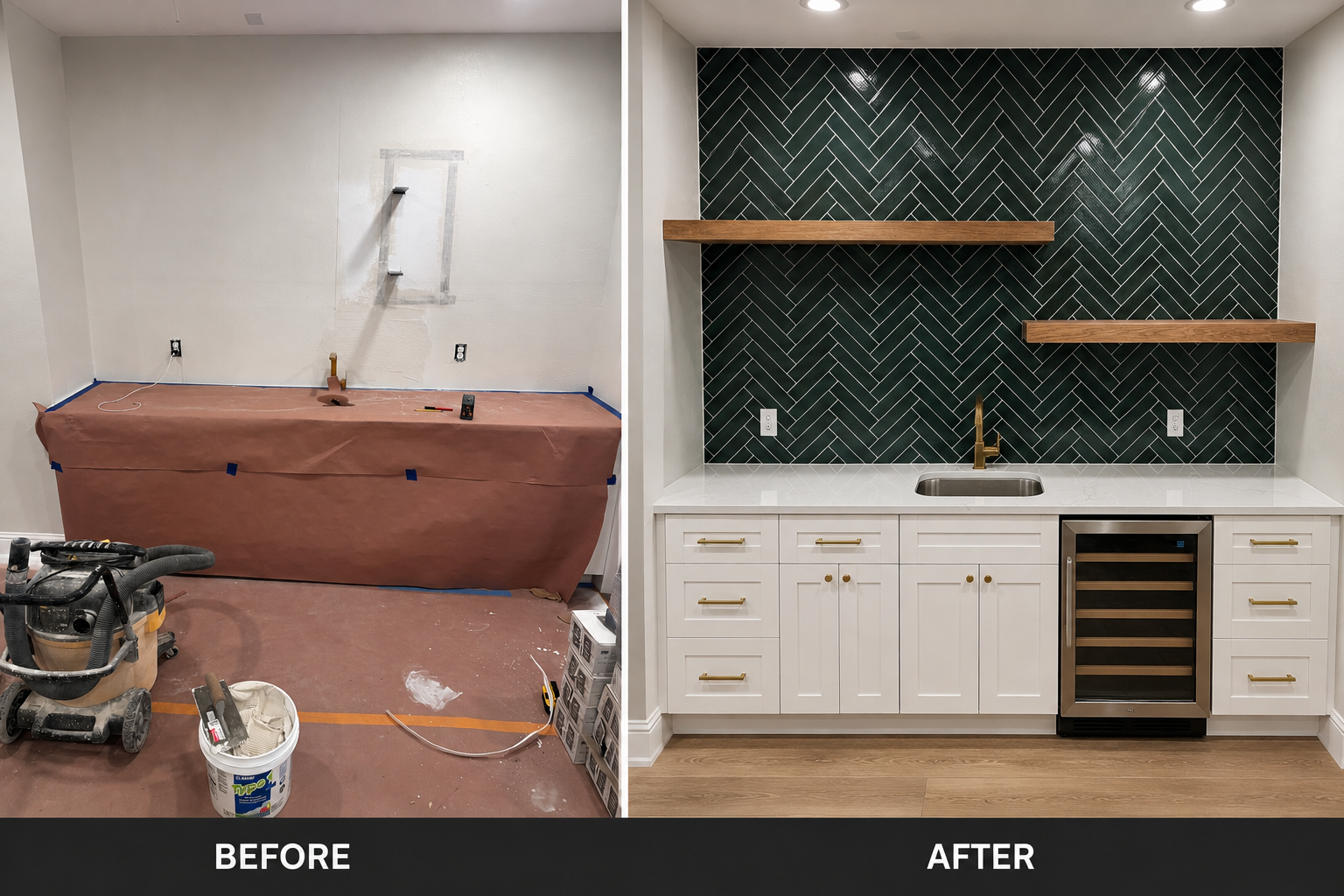 Side-by-side comparison of a kitchen renovation, showing the before and after views. The before image depicts an unfinished wall with construction tools and materials, while the after image displays a finished kitchen with white cabinets, a dark gree