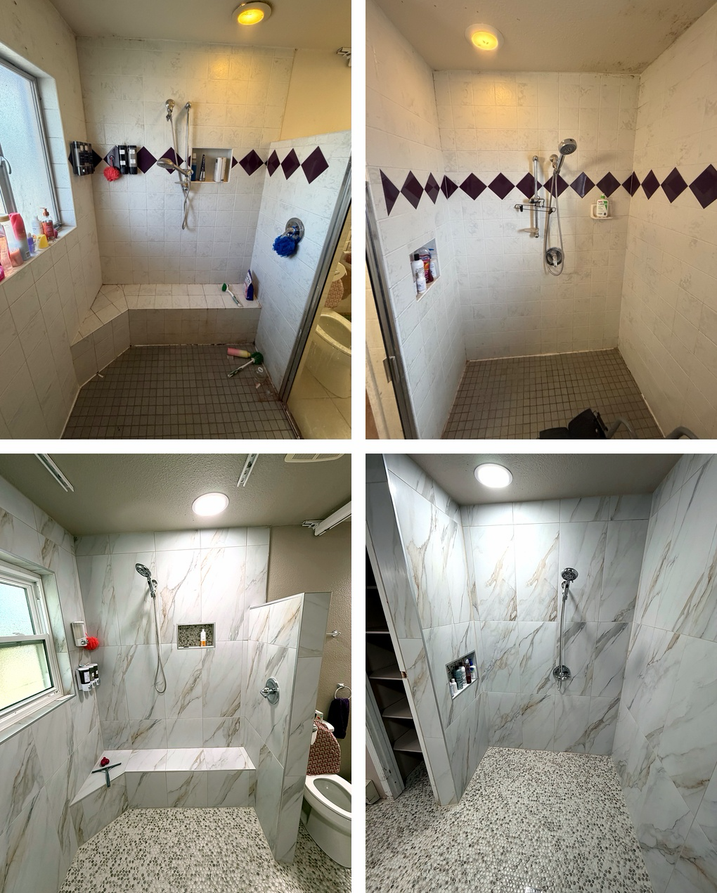 Comparison of two shower areas before and after renovation. Top images show a dated shower with a bench and clutter; bottom images show the renovated shower with new marble tiles and updated design.