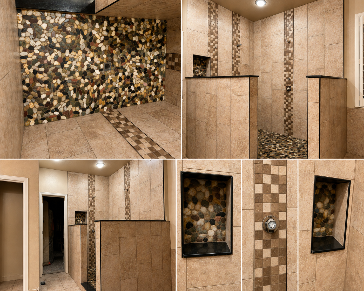 Multiple views of a bathroom with beige tile walls and floors, featuring pebble stone accents, a tiled shower area, niche shelves with pebble stone background, and a small dressing area with a partial wall.