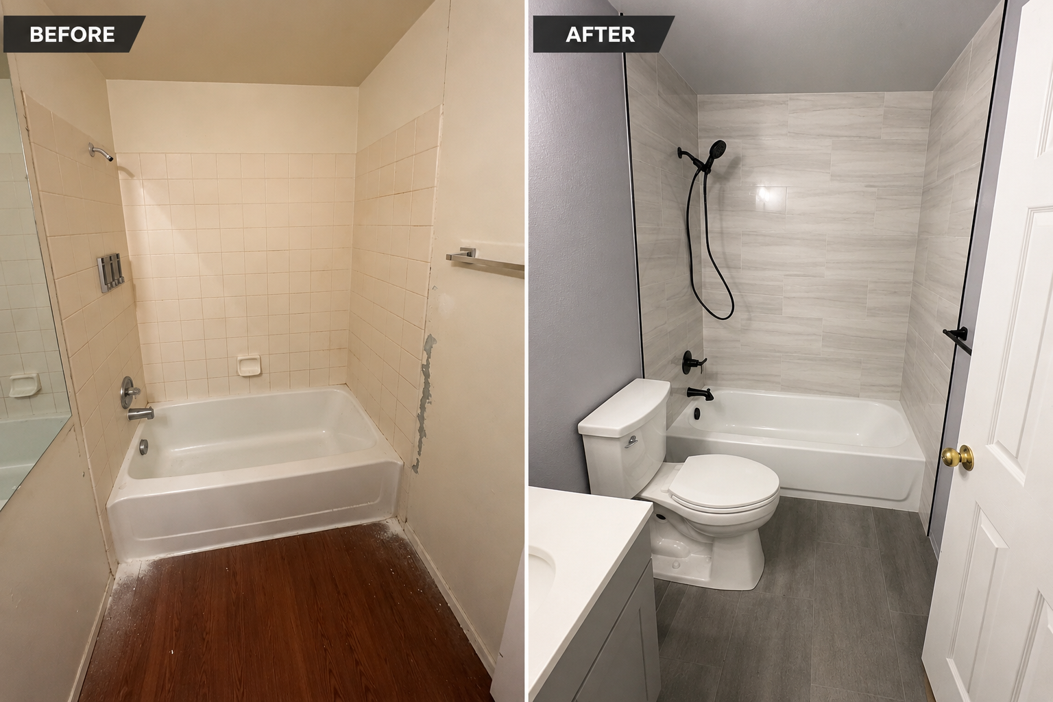Side-by-side comparison of a bathroom before and after renovation. The 'before' image shows a small, outdated bathtub with beige tiles and a wood floor. The 'after' image features a modern bathroom with a gray tiled wall, a white bathtub, a toilet, a