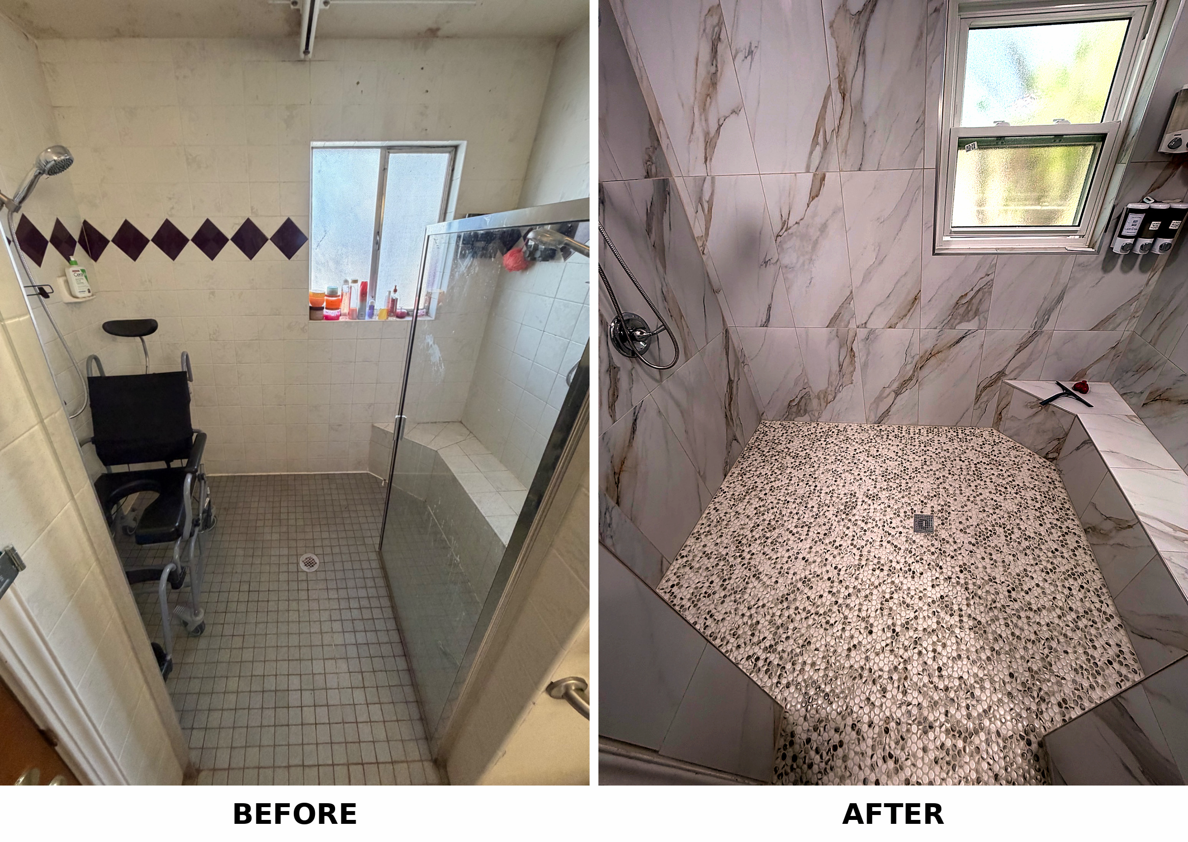 Comparison of bathroom before and after renovation; the before image shows an outdated, dingy shower area with plain tiles and clutter, while the after image displays a modern, clean shower with large marble tiles and a pebble floor.