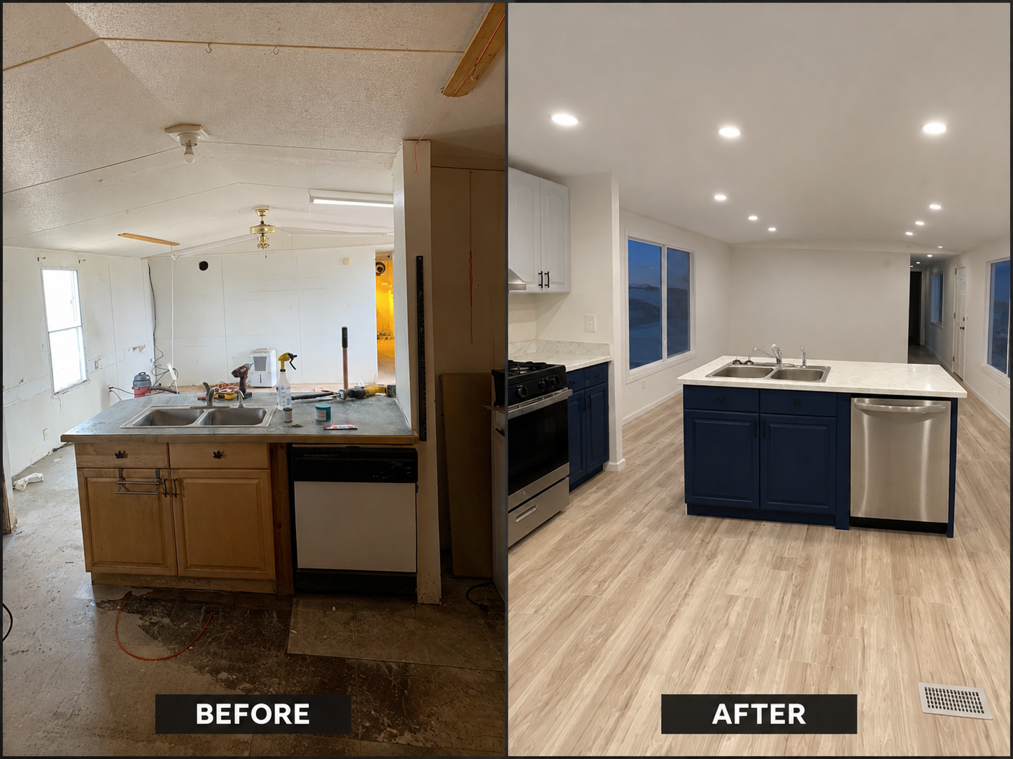 Side-by-side comparison of a kitchen before and after renovation, showing new blue cabinetry, white countertops, and updated flooring and lighting in the after photo.