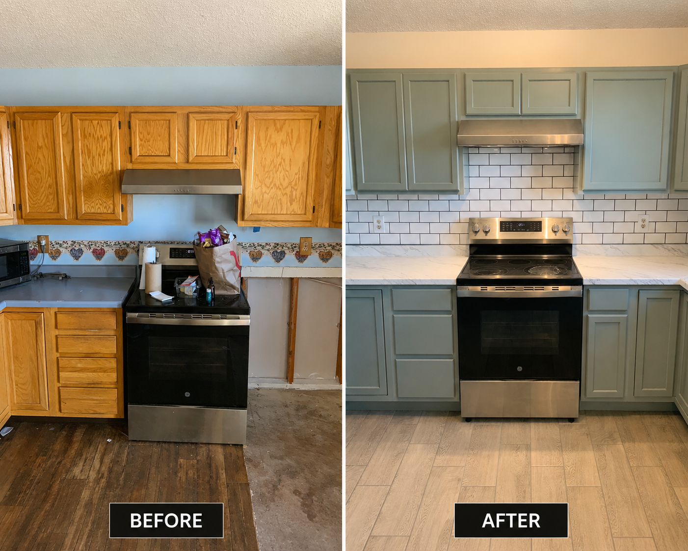 Comparison of a kitchen before and after renovation: The before side shows wooden cabinets, partially removed backsplash, and a dark worn floor. The after side features painted light green cabinets, a white subway tile backsplash, and a new light-col