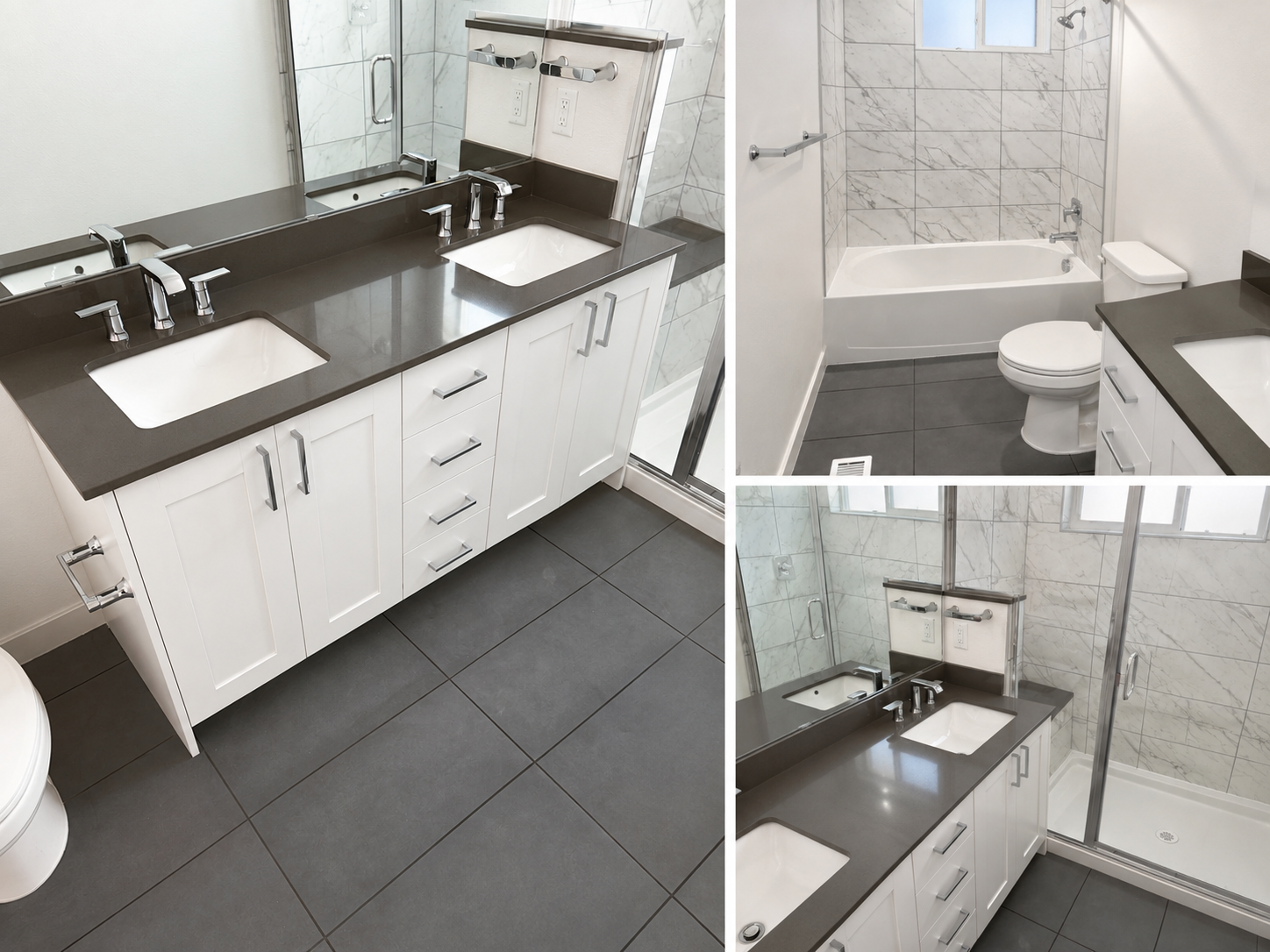 The image shows a bathroom with a modern design, featuring a white vanity with double sinks and a large mirror, a shower area with glass doors, and a toilet. The walls are tiled with white marble, and the floor has dark grey tiles.