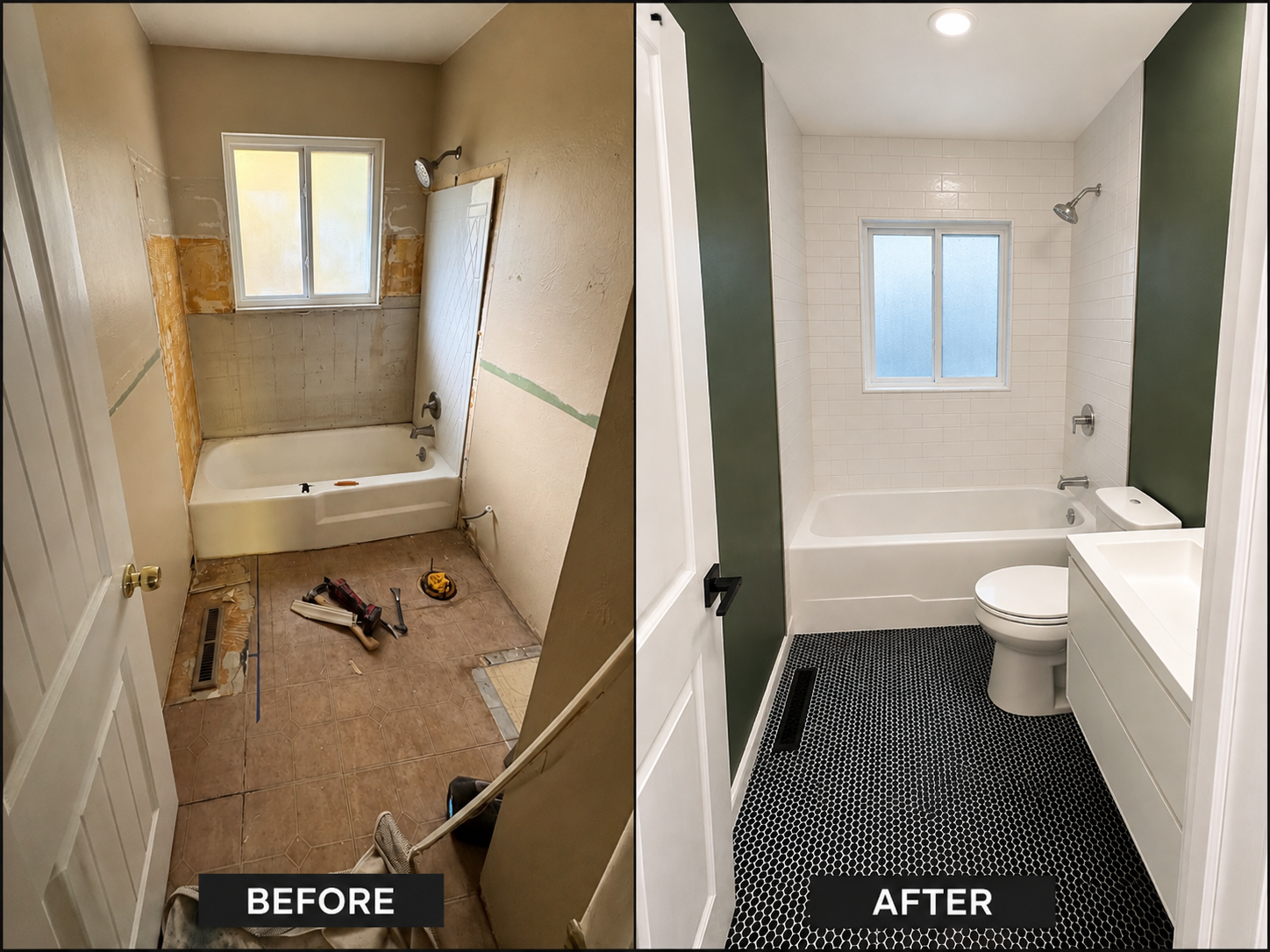 Side-by-side comparison of a bathroom before and after renovation. The before image shows a bathroom with unfinished walls, construction tools on the floor, and a dated appearance. The after image shows a modernized bathroom with white tiled walls, a