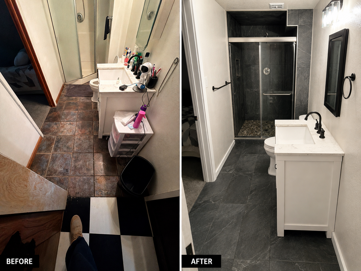 Side-by-side comparison of a bathroom before and after renovation. The before image shows a cluttered bathroom with brown tiled flooring, a small white sink, and various toiletries. The after image depicts a modern, sleek bathroom with dark gray tile
