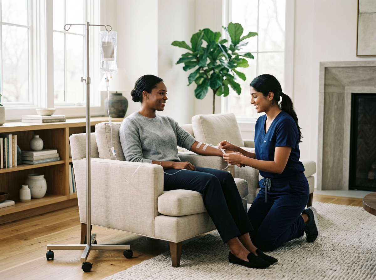A nurse kneeling next to a woman sitting on a couch with an IV drip, handing her medical paperwork in a living room with large windows and a green plant.