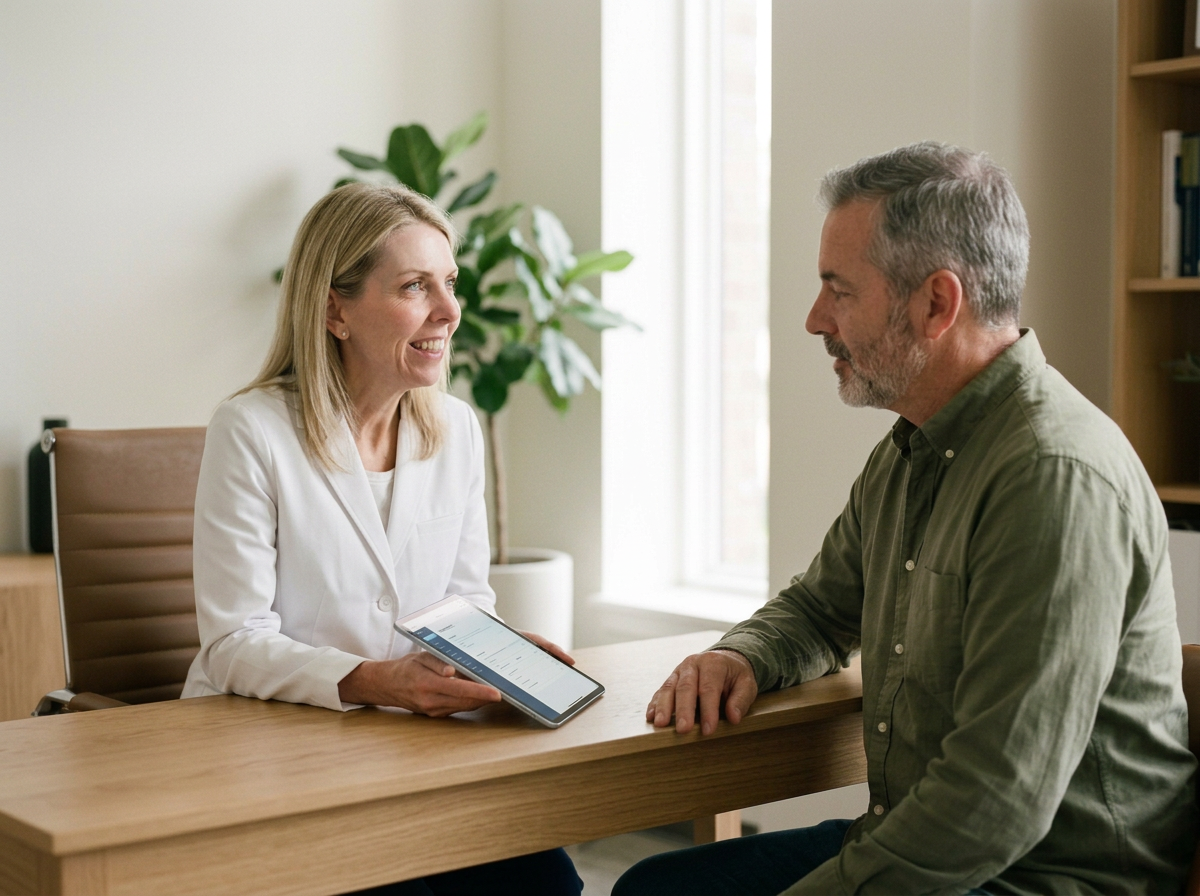 A woman and man sitting across from each other at a wooden table in an office. The woman is smiling and holding a tablet, while the man listens. There is a plant in the background and a window letting in natural light.