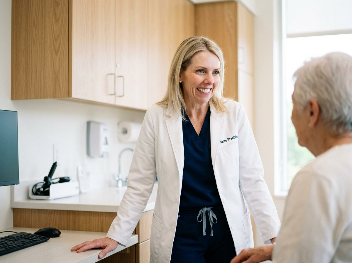 A smiling female healthcare professional in a white coat talking to an elderly female patient in a medical office.