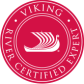 Viking River Cruises logo featuring a white Viking longship on a red circular background with white border and text