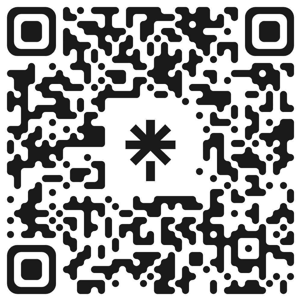 This is a black and white QR code with a central asterisk symbol for Linktree