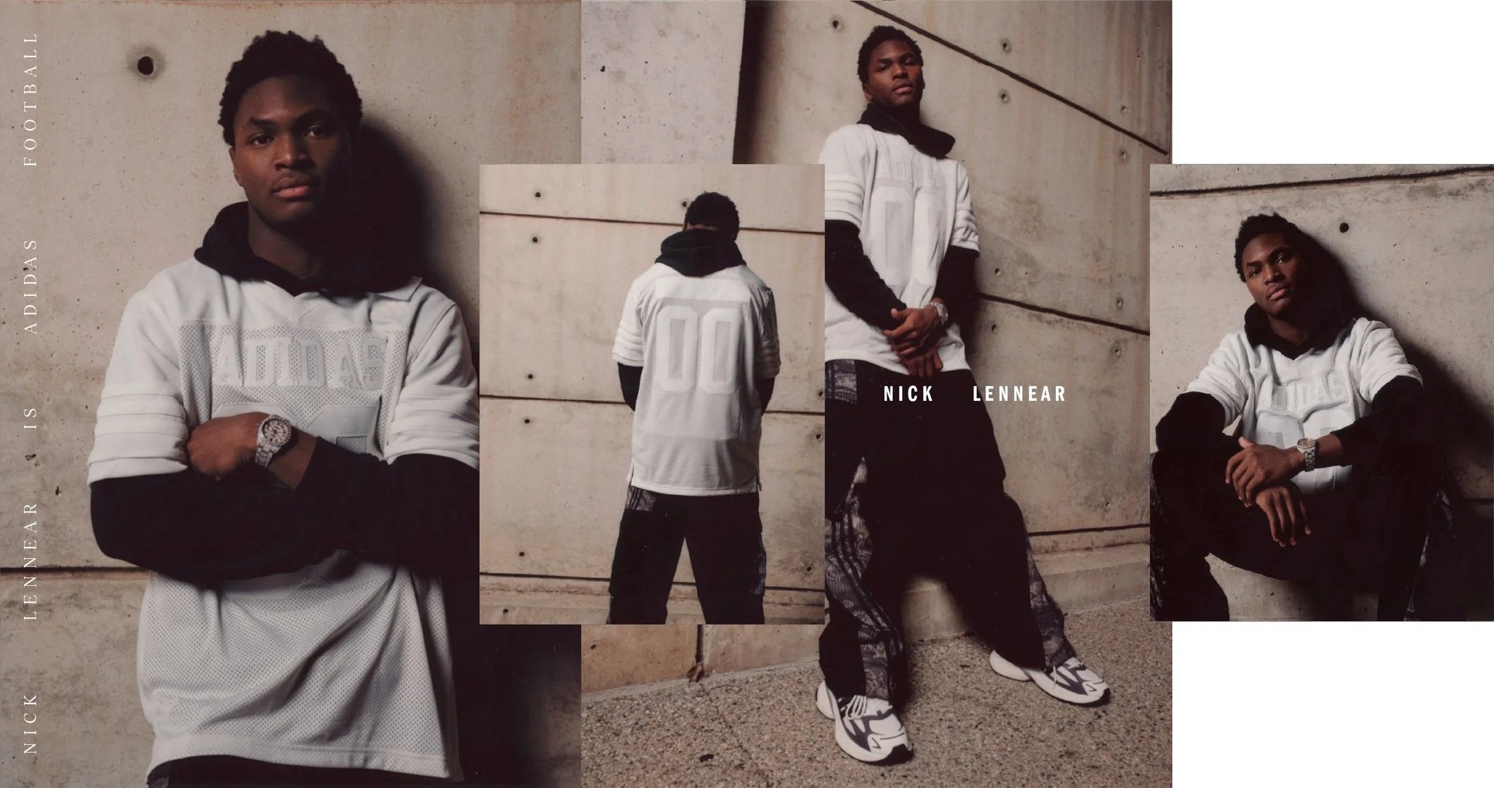 Collage of photos of a young man with dark curly hair, wearing a white Adidas sports jersey over a black hoodie, posing against a concrete wall. The collage includes images of him facing forward, with his arms crossed, and from behind, showcasing the