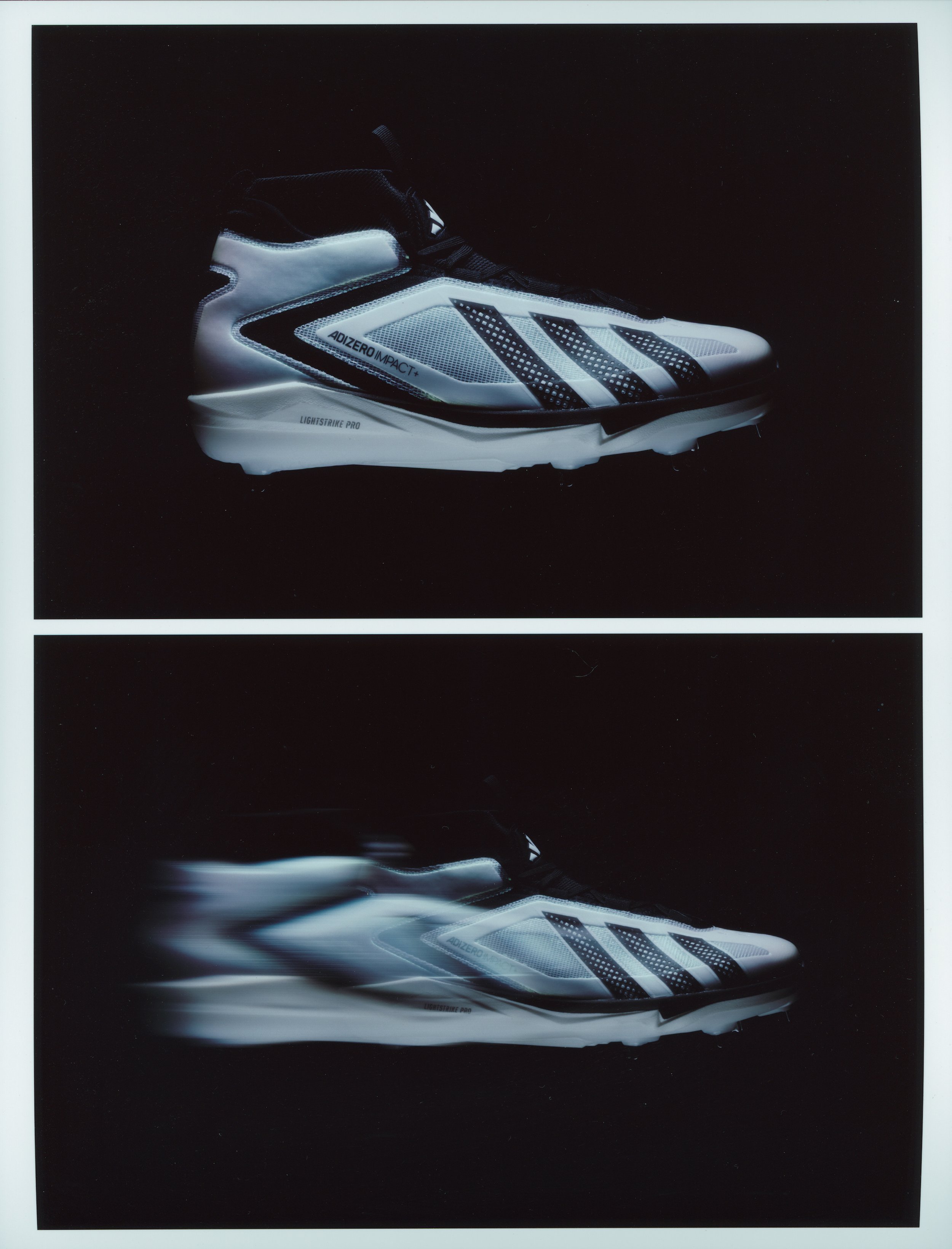A black background with a photograph of a white and black Adidas Adizero Impact running shoe, reflecting in a glossy surface.