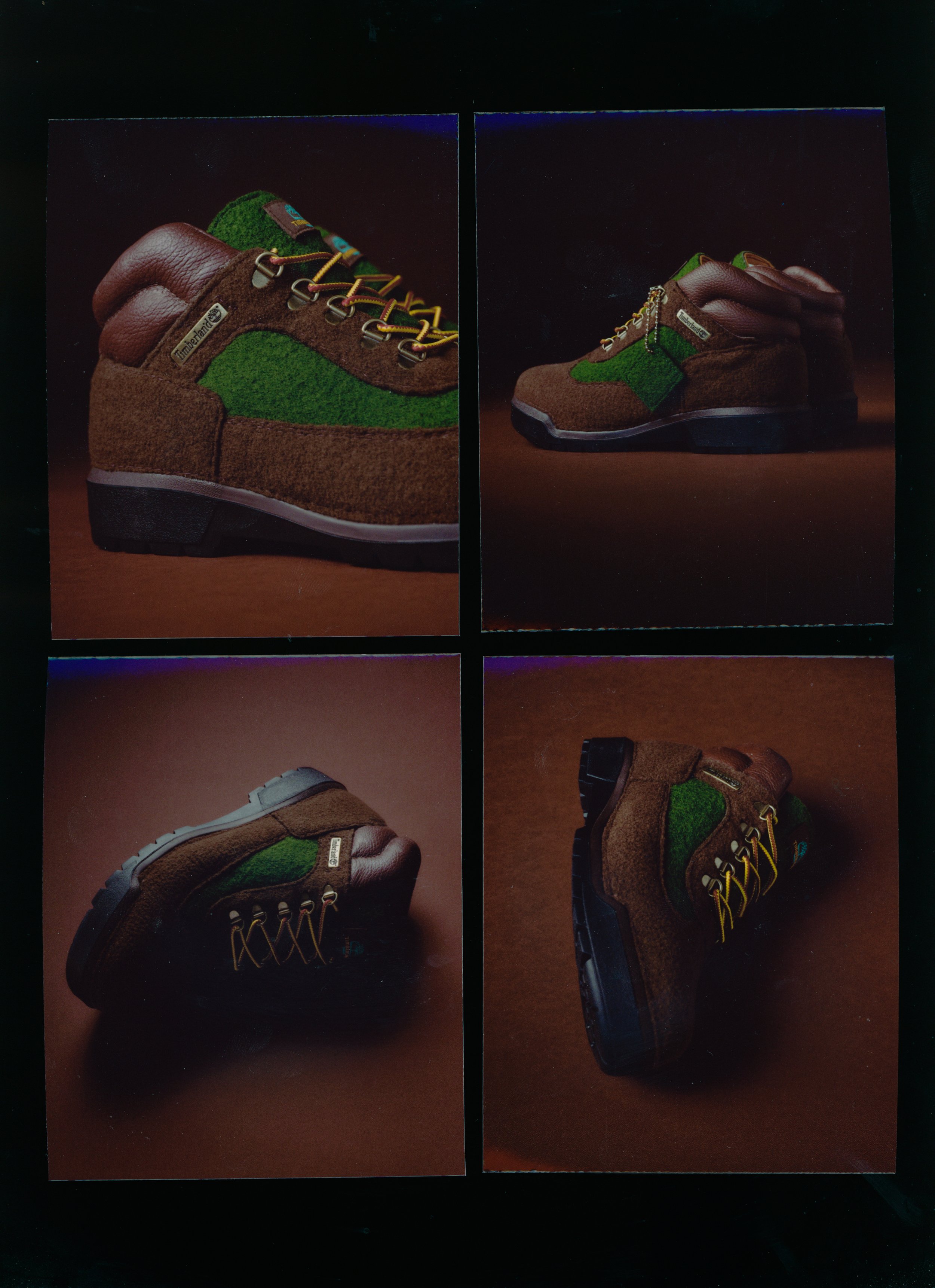 Collage of four hiking boots with brown, green, and black colors, showing various angles against a dark background.