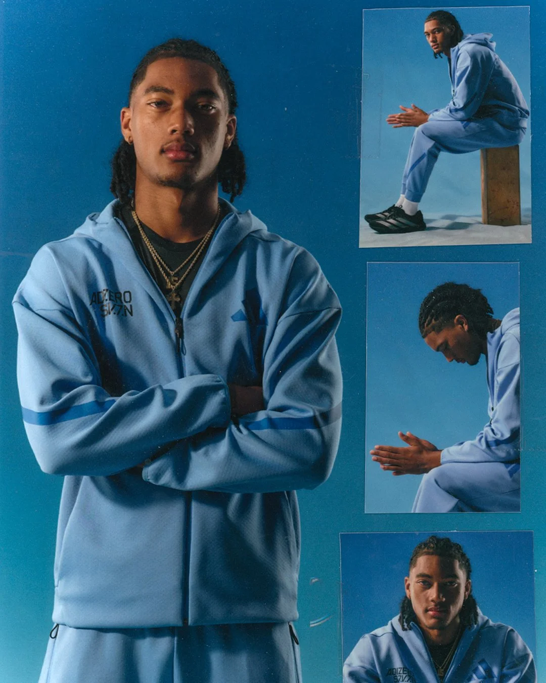 A young man with braided hair, wearing a light blue sports jacket and layered necklaces, standing with arms crossed against a blue background. Smaller photos show him sitting on a wooden block, receding forward with hands clasped, and sitting with hi