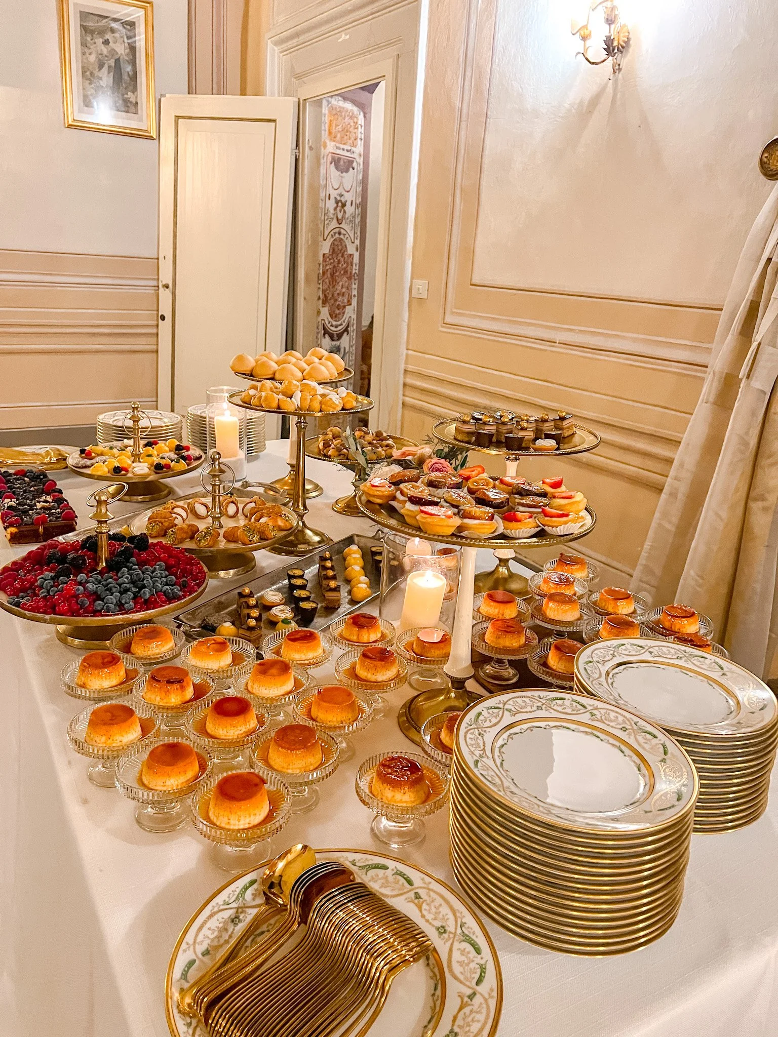 Dessert table at Wedding reception in the historic Galleria at Villa Corsini in Florence