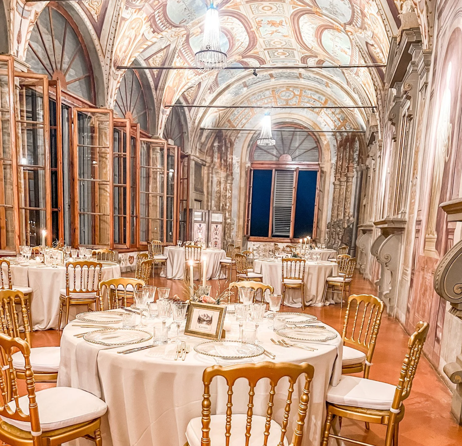 Wedding reception in the historic Galleria at Villa Corsini in Florence