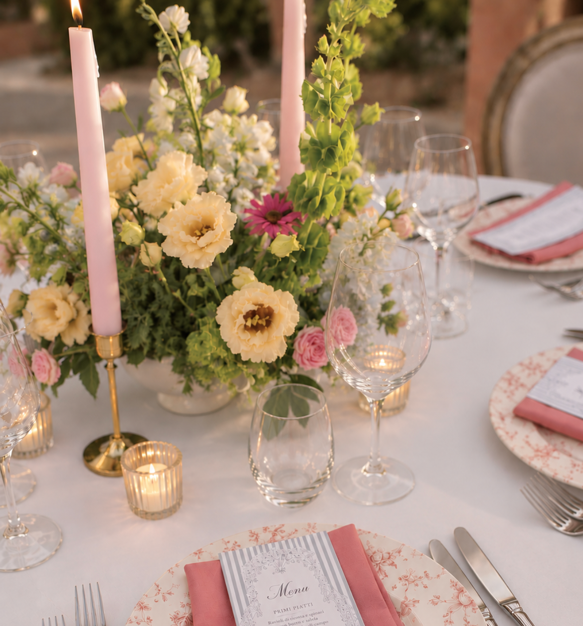 Elegant outdoor dining table with floral centerpiece, pink candles, wine glasses, printed menus, and pink napkins.