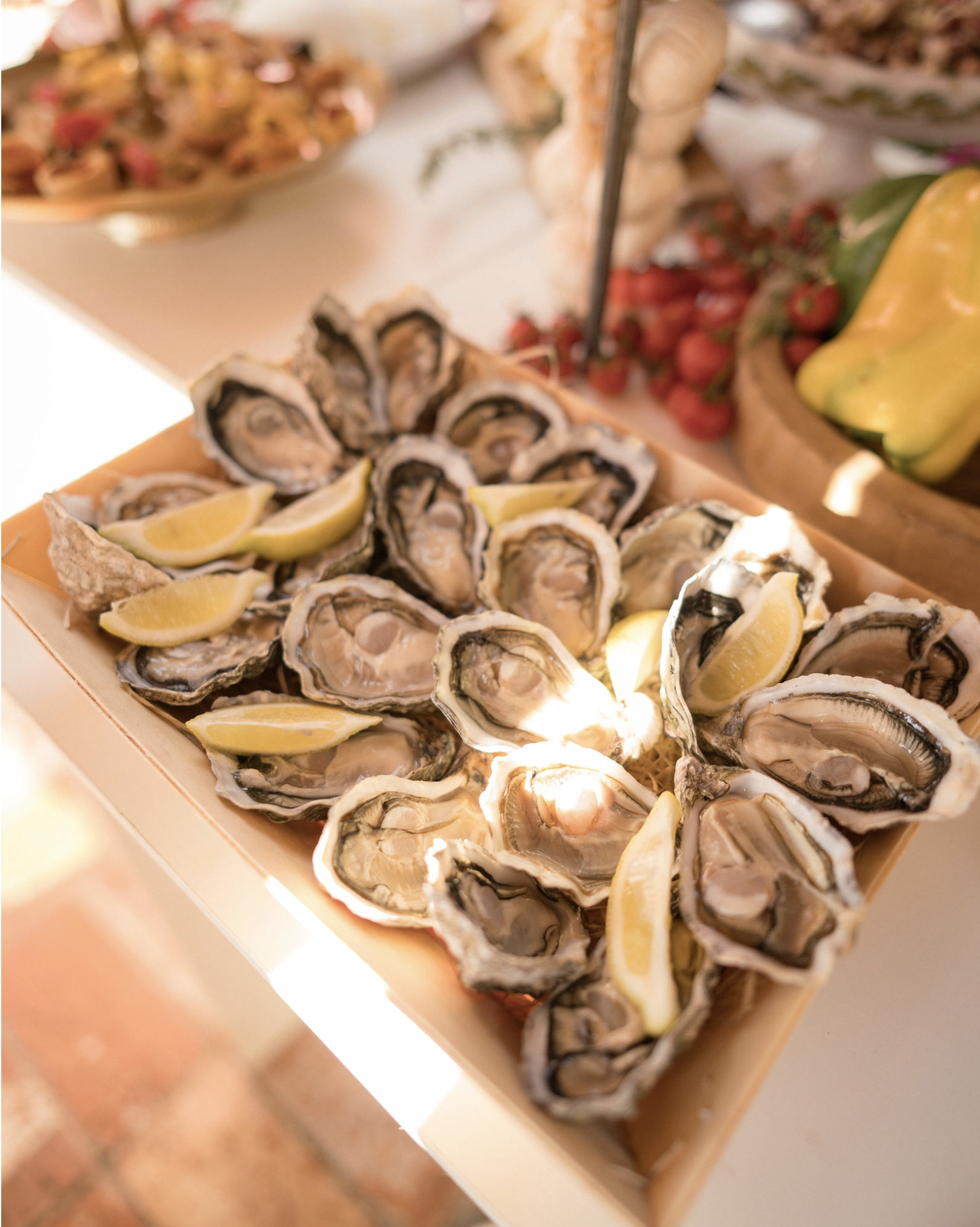 Fresh oysters prepared for an elegant wedding reception in Florence