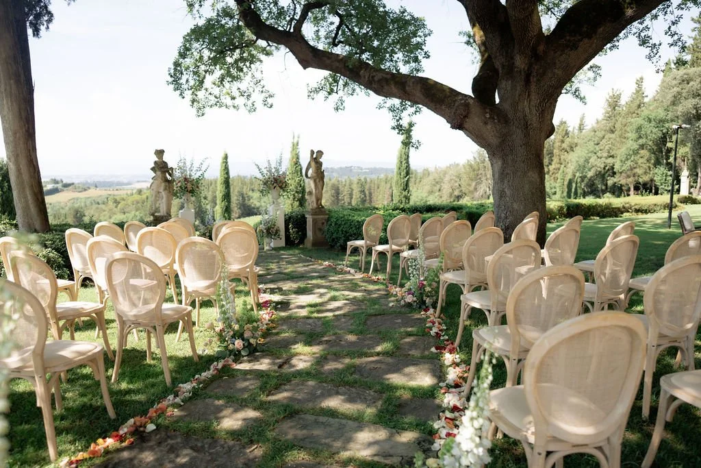 Outdoor wedding ceremony overlooking the Tuscan countryside near Florence