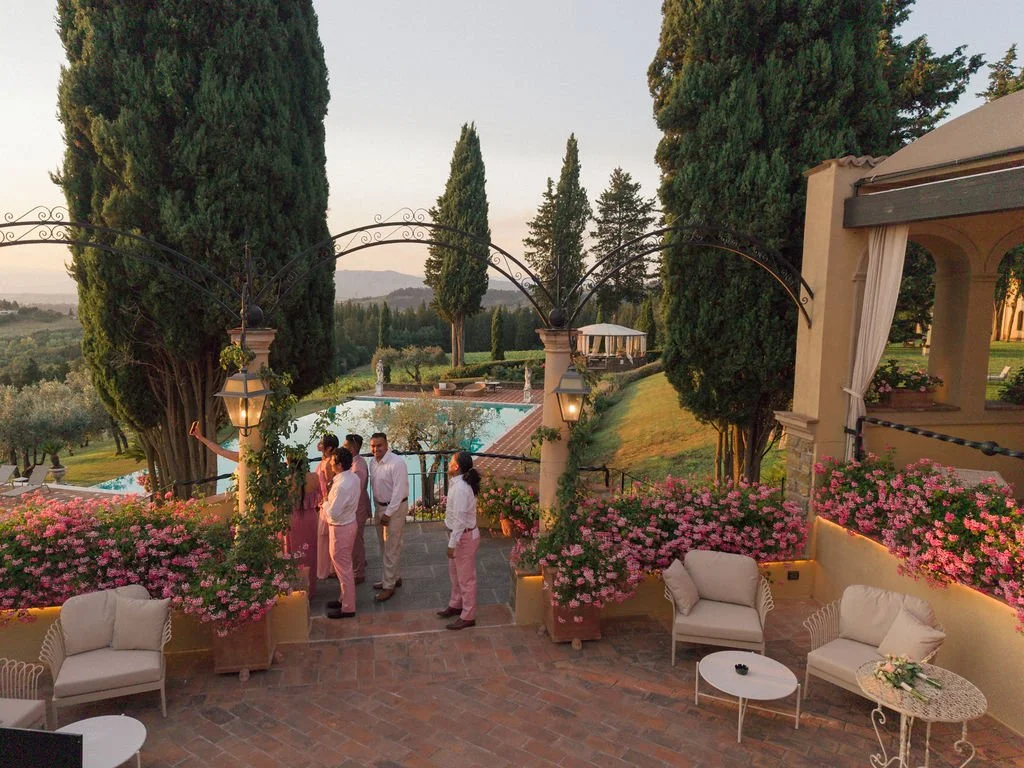 American guests at a destination wedding socializing outdoor in Florence