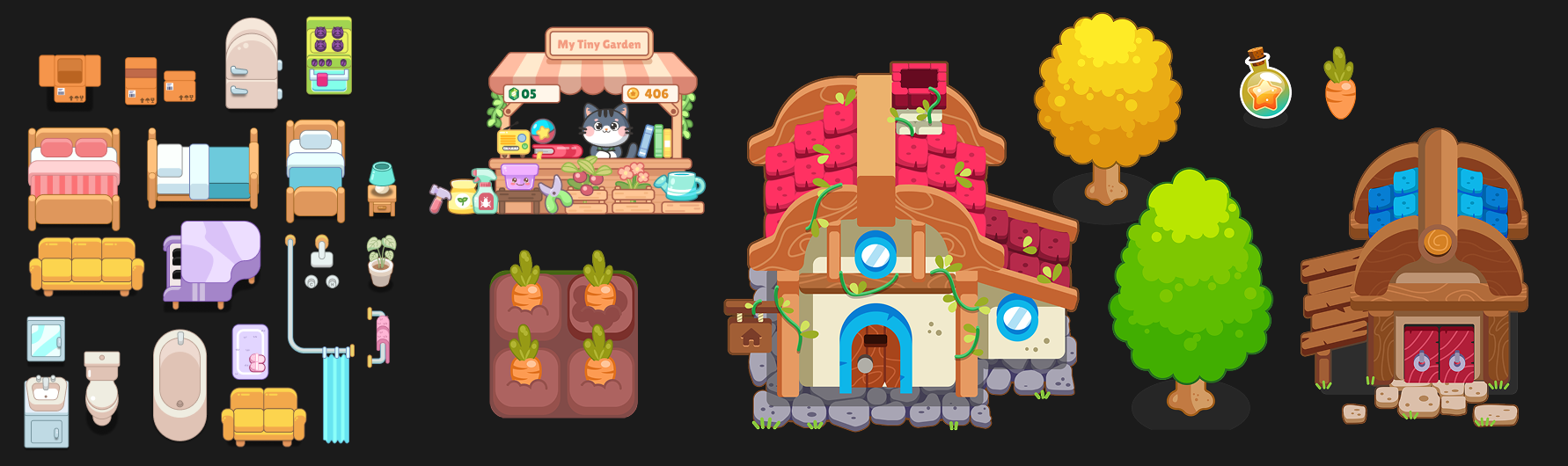 A collection of cartoon-style household items, furniture, plants, and a tiny house, including beds, a sofa, a bathtub, toilet, kitchen supplies, and trees, all laid out against a black background.