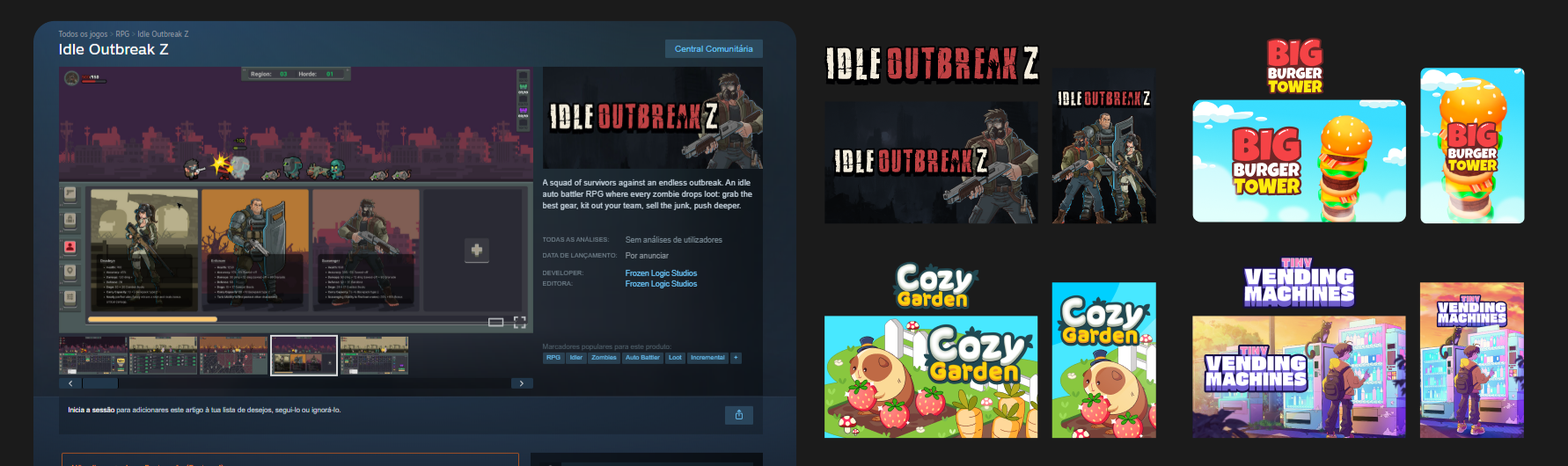Video game store page featuring 'Idle Outbreak Z' with game screenshots, logo, and related game icons like Big Burger Tower, Cozy Garden, and Tiny Vending Machines.