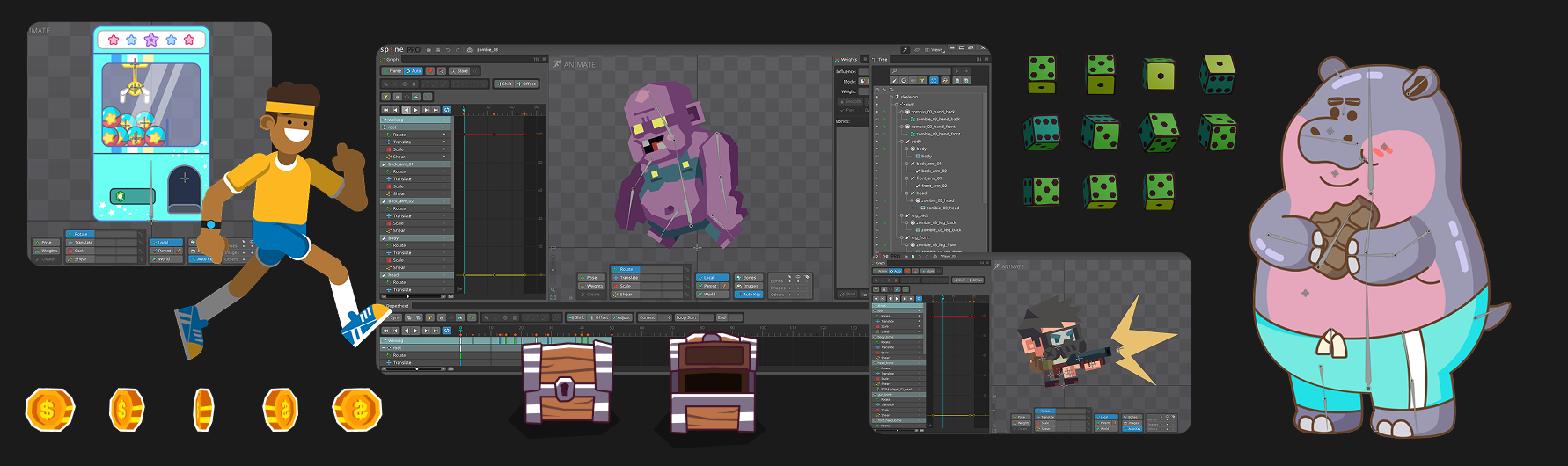 A digital collage showcasing animation and game development themes. Includes a runner character, animated monster, pixel art chest, dice, a hippo character fishing, and a tiny armed character firing, all surrounding software interfaces.