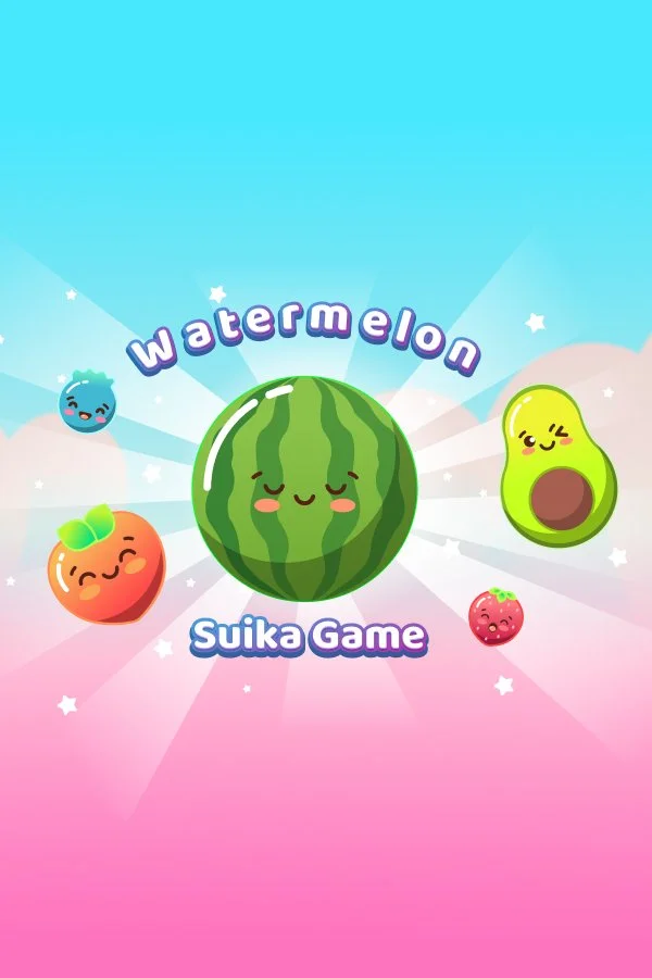 Colorful screen with cartoon watermelons, strawberry, blueberry, peach, and avocado, all with smiling faces, for a game titled 'Watermelon Suika Game'.