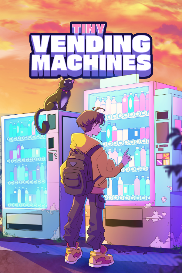 A young person with a backpack using a vending machine with bottles, a black cat sitting atop a vending machine, against a colorful sunset sky.