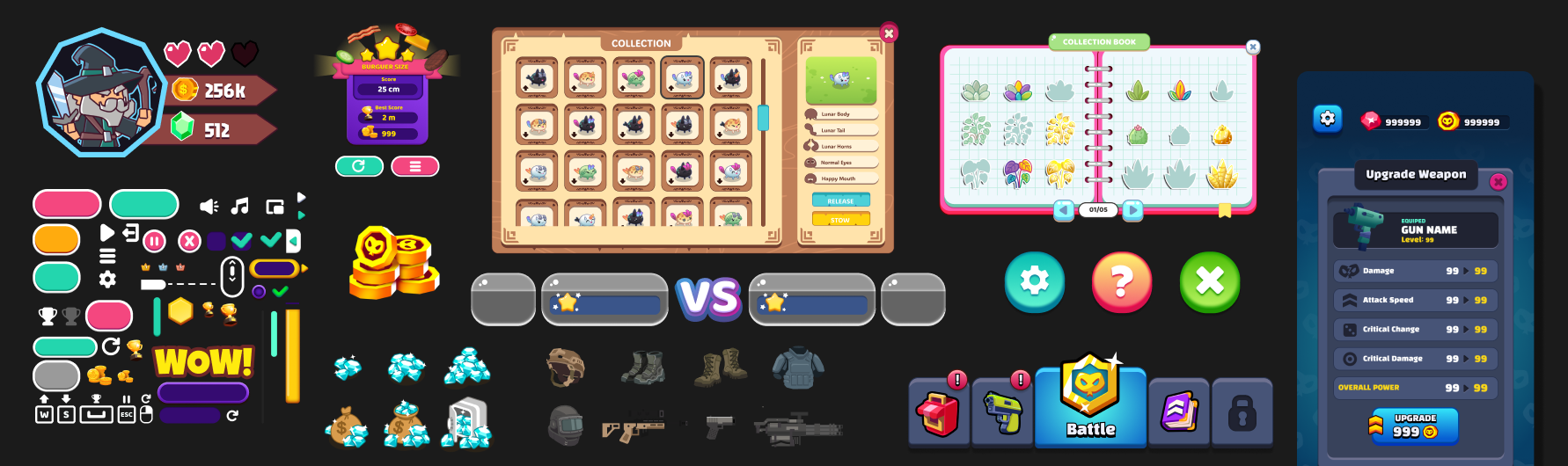 A colorful video game interface screen featuring various game elements, including a character with a wizard hat, currency indicators, menu icons, a collection of animal avatars, and a weapon upgrade panel. The screen also displays collectible items, a vs. battle area, and different menu buttons.